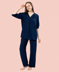 Velure Trendy Navy Blue Kurti Style Night Suit - Velure - - 3/4 Sleeves, Collar Neck, Cotton, Front Button Open, Full Length Pant