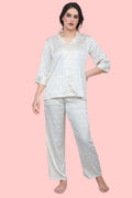 Velure Classic Ribbon Print Satin Night Suit - Velure - - 3/4 Sleeves, Collar Neck, Front Button Open, Full Length Pant, Satin