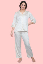 Velure Classic Ribbon Print Satin Night Suit - Velure - - 3/4 Sleeves, Collar Neck, Front Button Open, Full Length Pant, Satin