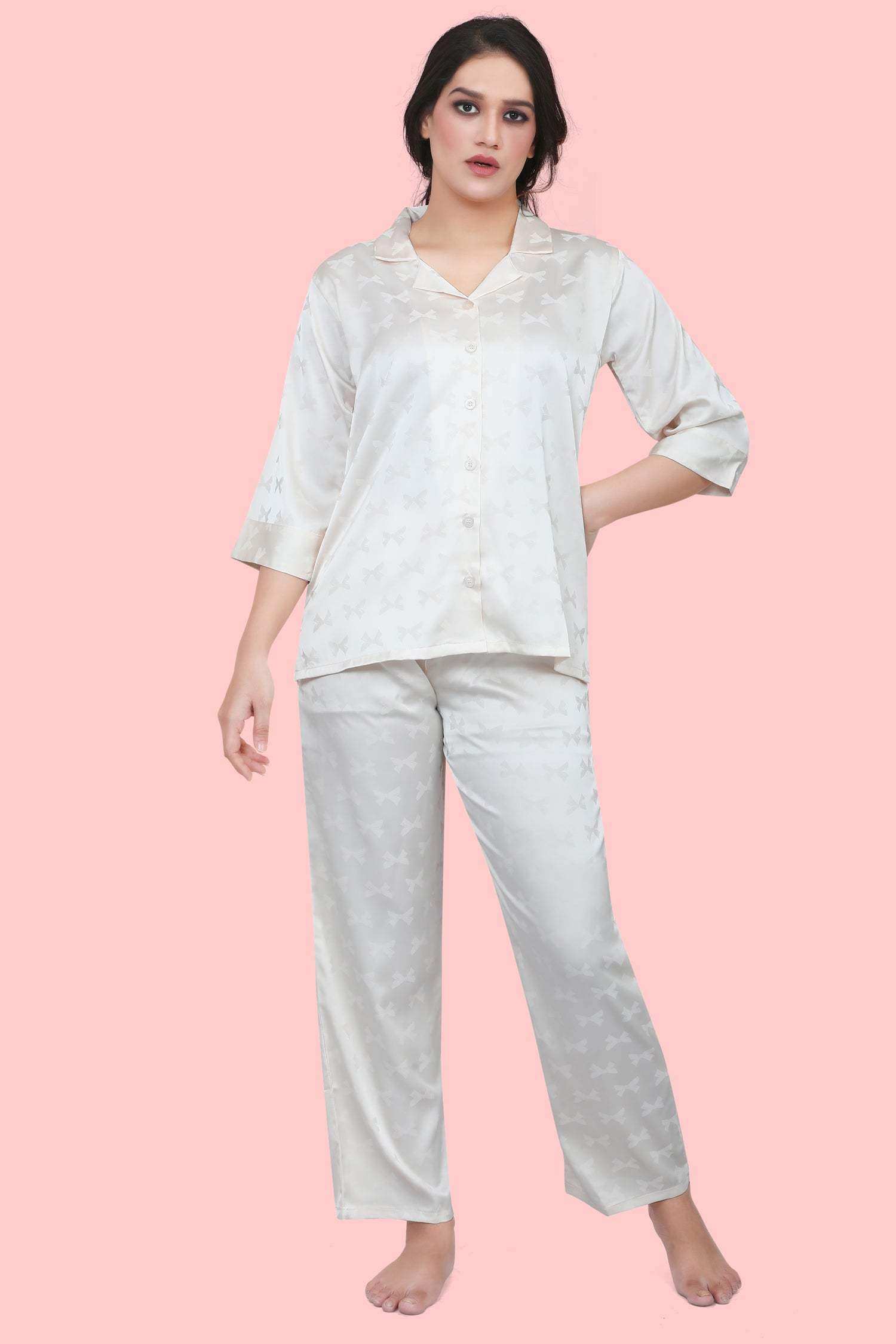 Velure Classic Ribbon Print Satin Night Suit - Velure - - 3/4 Sleeves, Collar Neck, Front Button Open, Full Length Pant, Satin