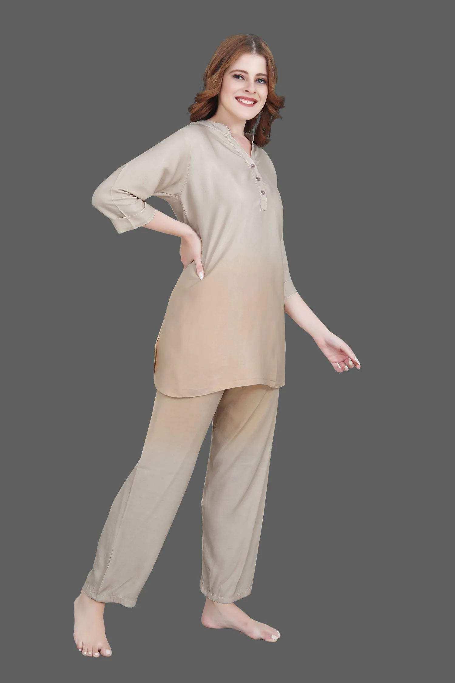 Velure Ethnic Dual Shade Kurti Style Night Suit - Velure - - 3/4 Sleeves, Collar Neck, Cotton, Front Button Open, Full Length Pant