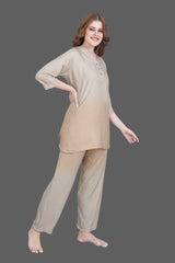 Velure Ethnic Dual Shade Kurti Style Night Suit - Velure - Long Top and Pant - 3/4 Sleeves, Collar Neck, Cotton, Front Button Open, Full Length Pant