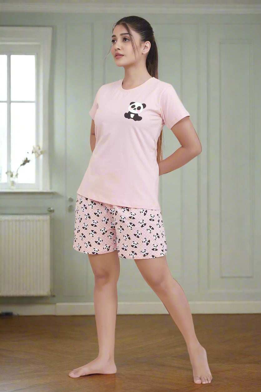 Velure Adorable Panda Shorts Set - Velure - - Cotton Lycra Fabric, Half Sleeves, Printed, Round neck
