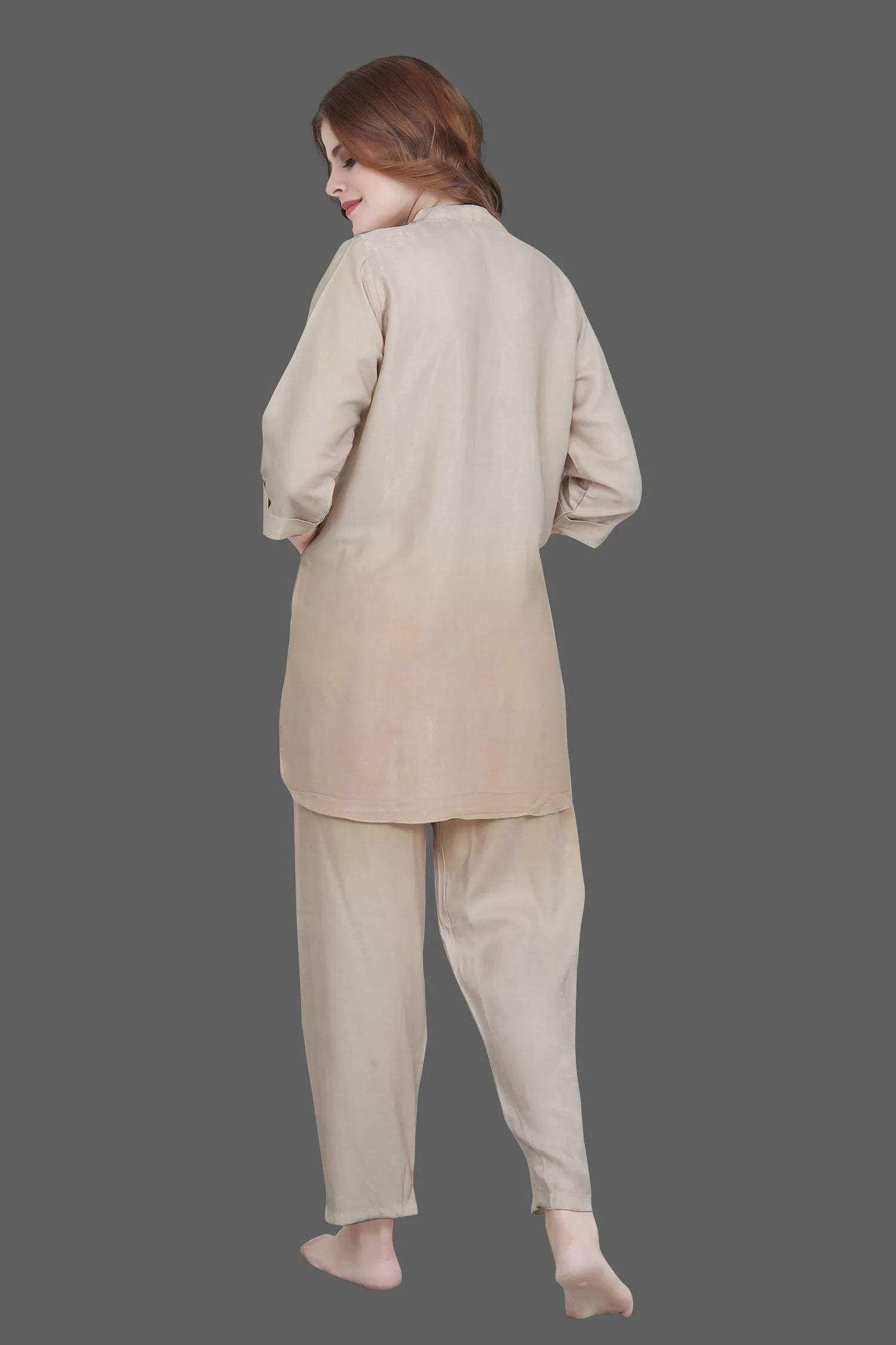 Velure Ethnic Dual Shade Kurti Style Night Suit - Velure - - 3/4 Sleeves, Collar Neck, Cotton, Front Button Open, Full Length Pant