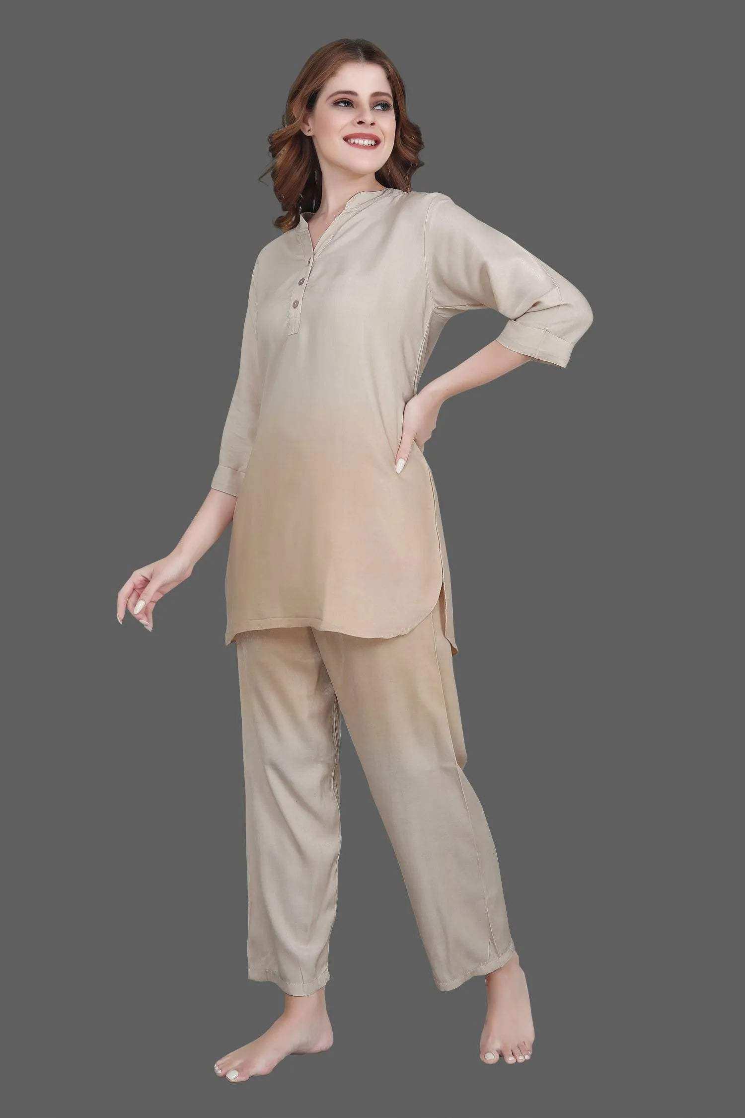 Velure Ethnic Dual Shade Kurti Style Night Suit - Velure - - 3/4 Sleeves, Collar Neck, Cotton, Front Button Open, Full Length Pant