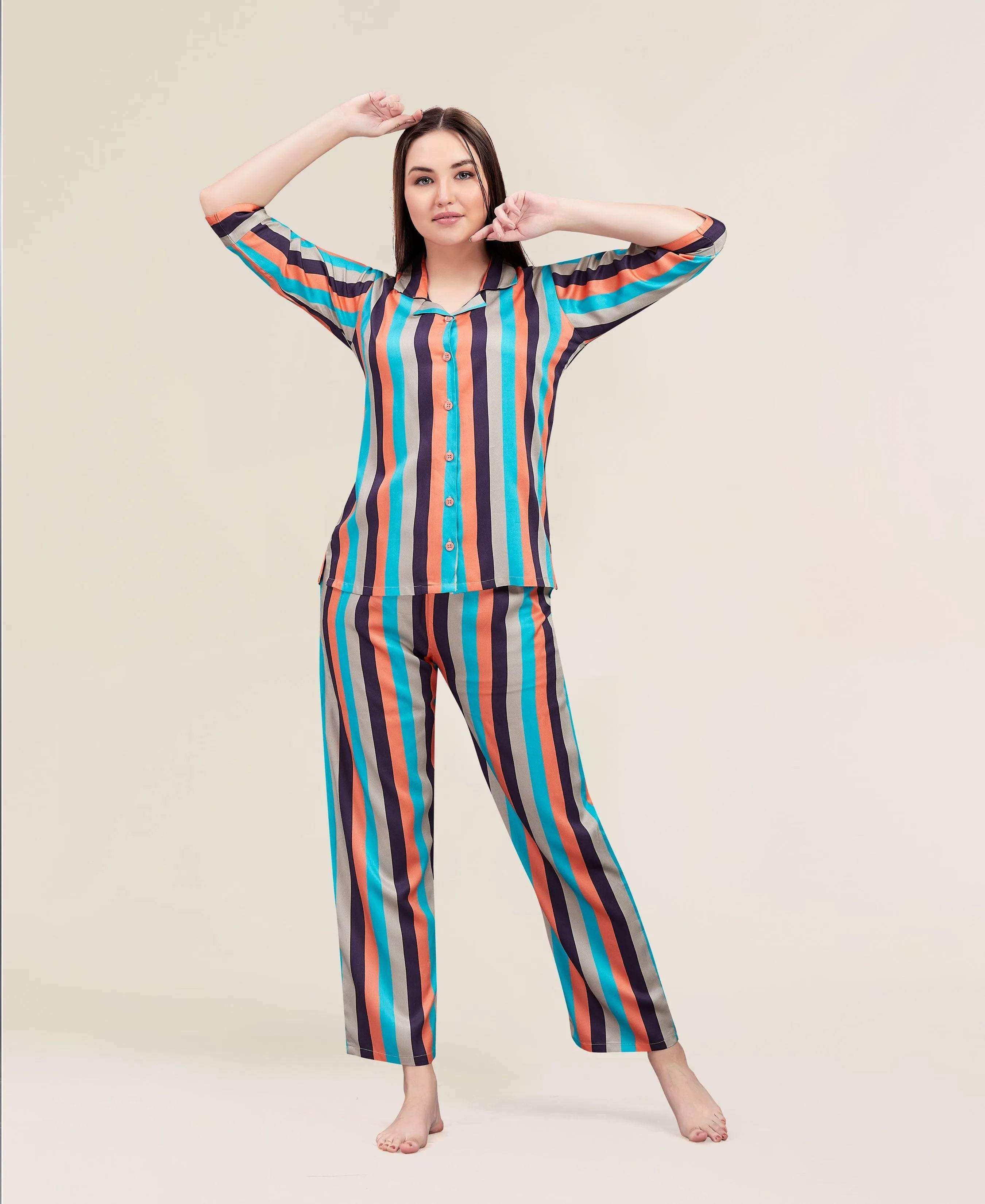 Velure Vertical Multicoloured Stripes Night Suit - Velure - - 3/4 Sleeves, Collar Neck, Cotton, Front Button Open, Full Length Pant, Stripes