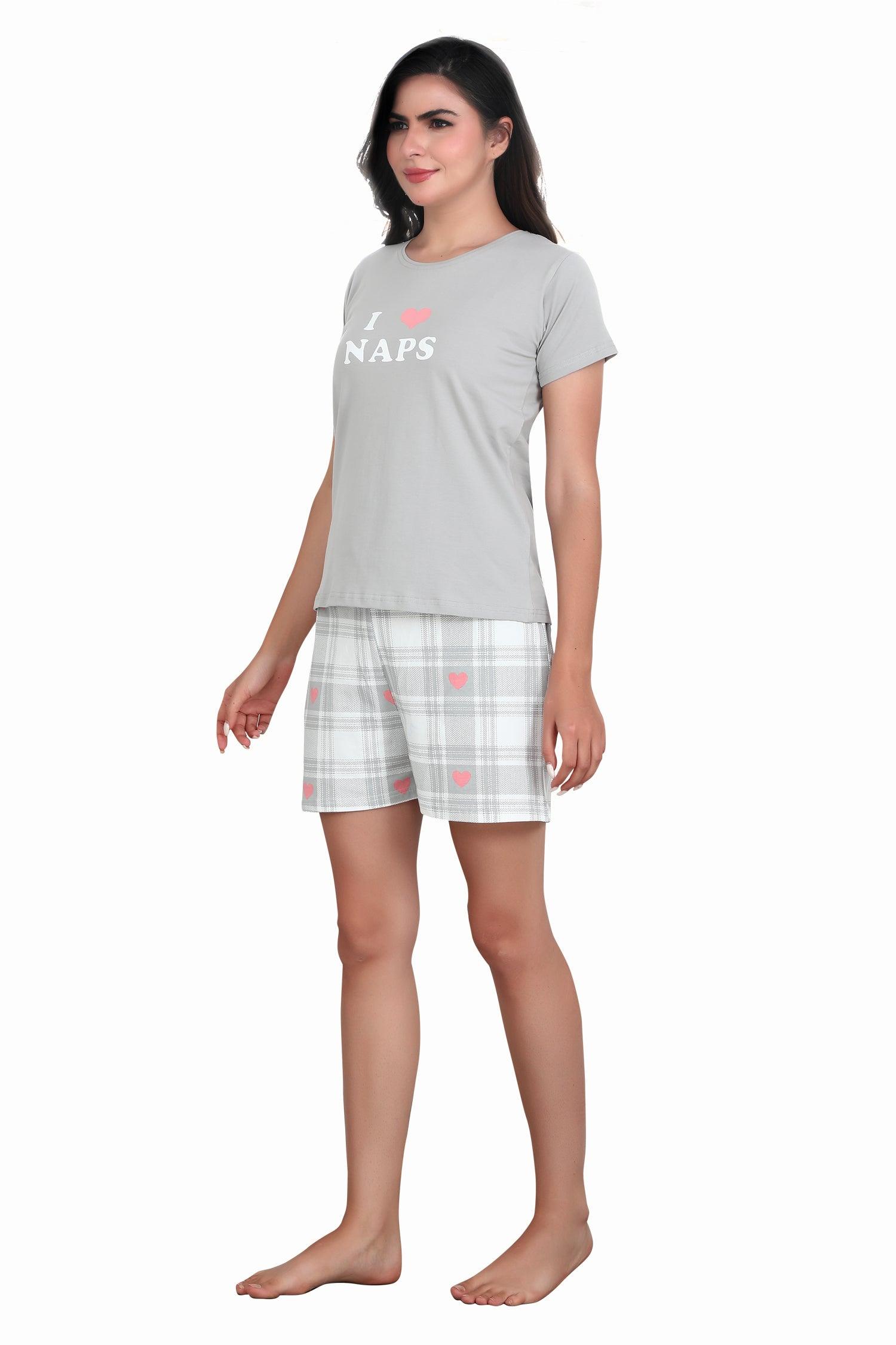 Velure I Love Naps Shorts Set - Velure - Short sets - Cotton Lycra Fabric, Half Sleeves, Printed, Round neck