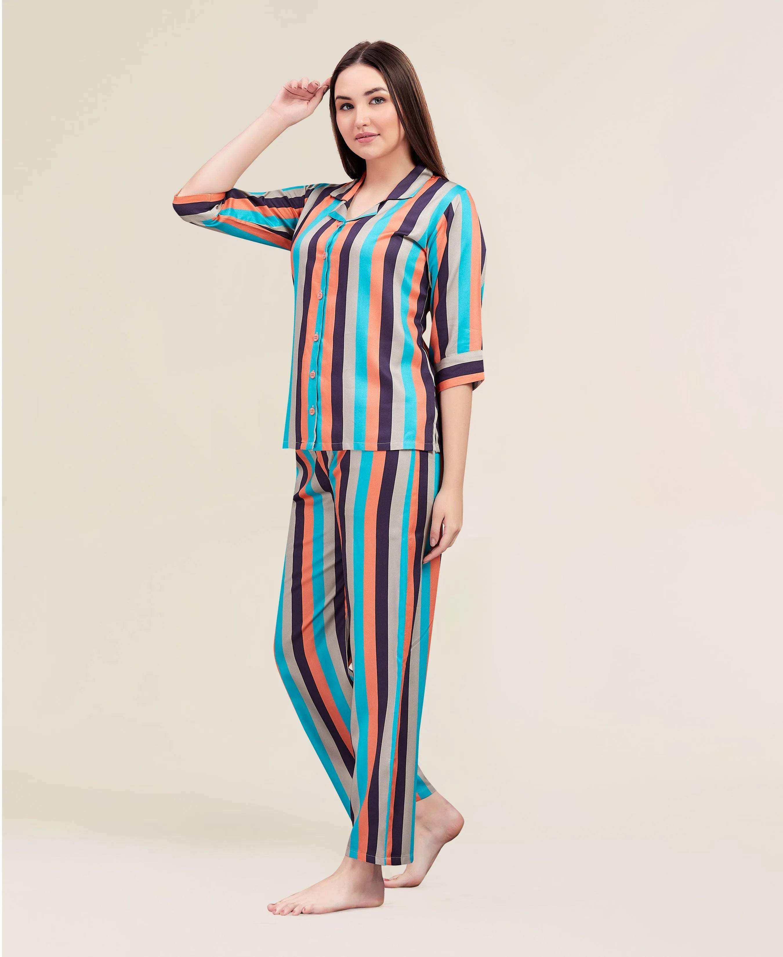 Velure Vertical Multicoloured Stripes Night Suit - Velure - - 3/4 Sleeves, Collar Neck, Cotton, Front Button Open, Full Length Pant, Stripes