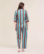 Velure Vertical Multicoloured Stripes Night Suit - Velure - - 3/4 Sleeves, Collar Neck, Cotton, Front Button Open, Full Length Pant, Stripes