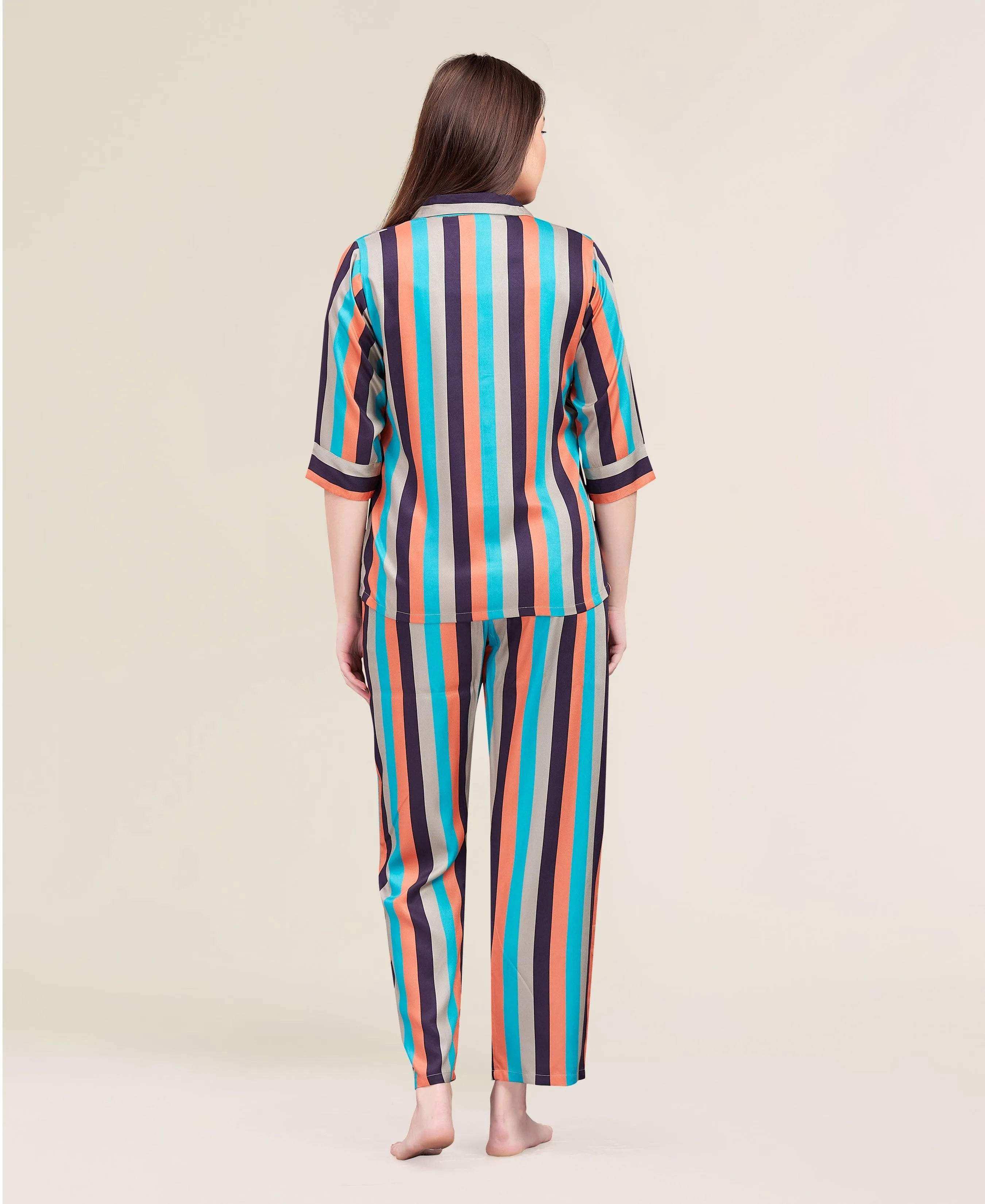 Velure Vertical Multicoloured Stripes Night Suit - Velure - - 3/4 Sleeves, Collar Neck, Cotton, Front Button Open, Full Length Pant, Stripes