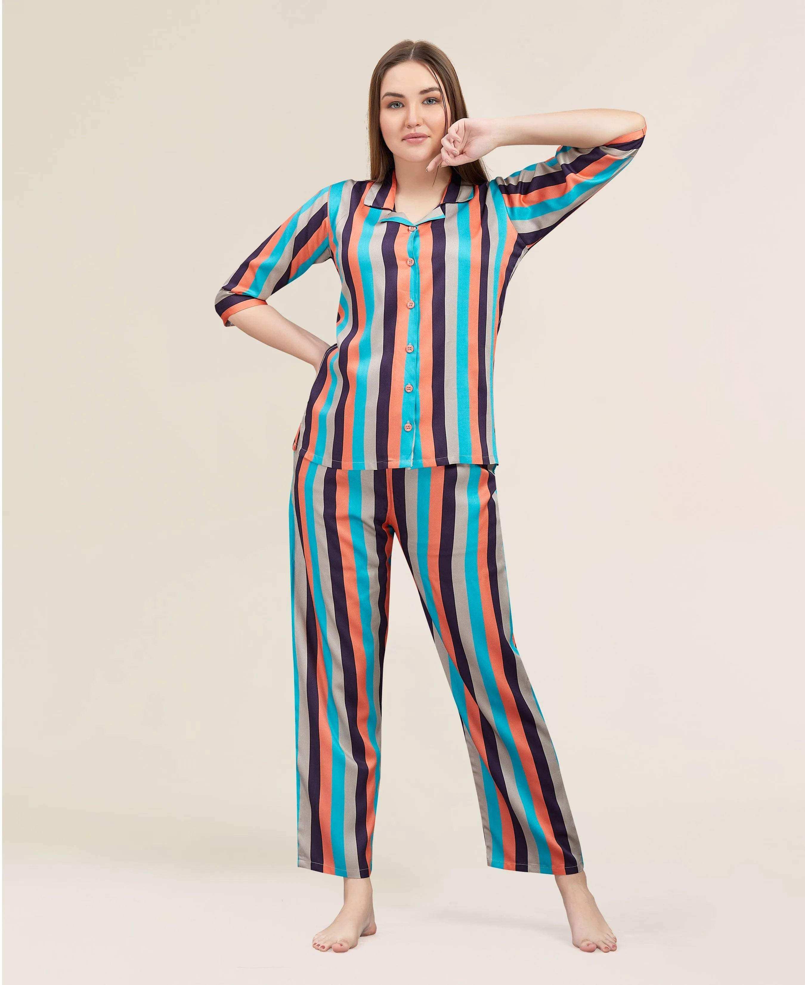Velure Vertical Multicoloured Stripes Night Suit - Velure - - 3/4 Sleeves, Collar Neck, Cotton, Front Button Open, Full Length Pant, Stripes