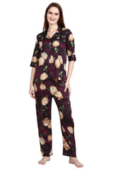 Velure Trendy Floral Satin Print Night Suit - Velure - Shirt and Pant - Abstract Print, Collar Neck, Floral Print, Front Button Open, Satin