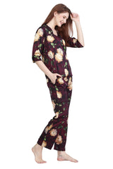 Velure Trendy Floral Satin Print Night Suit - Velure - Shirt and Pant - Abstract Print, Collar Neck, Floral Print, Front Button Open, Satin