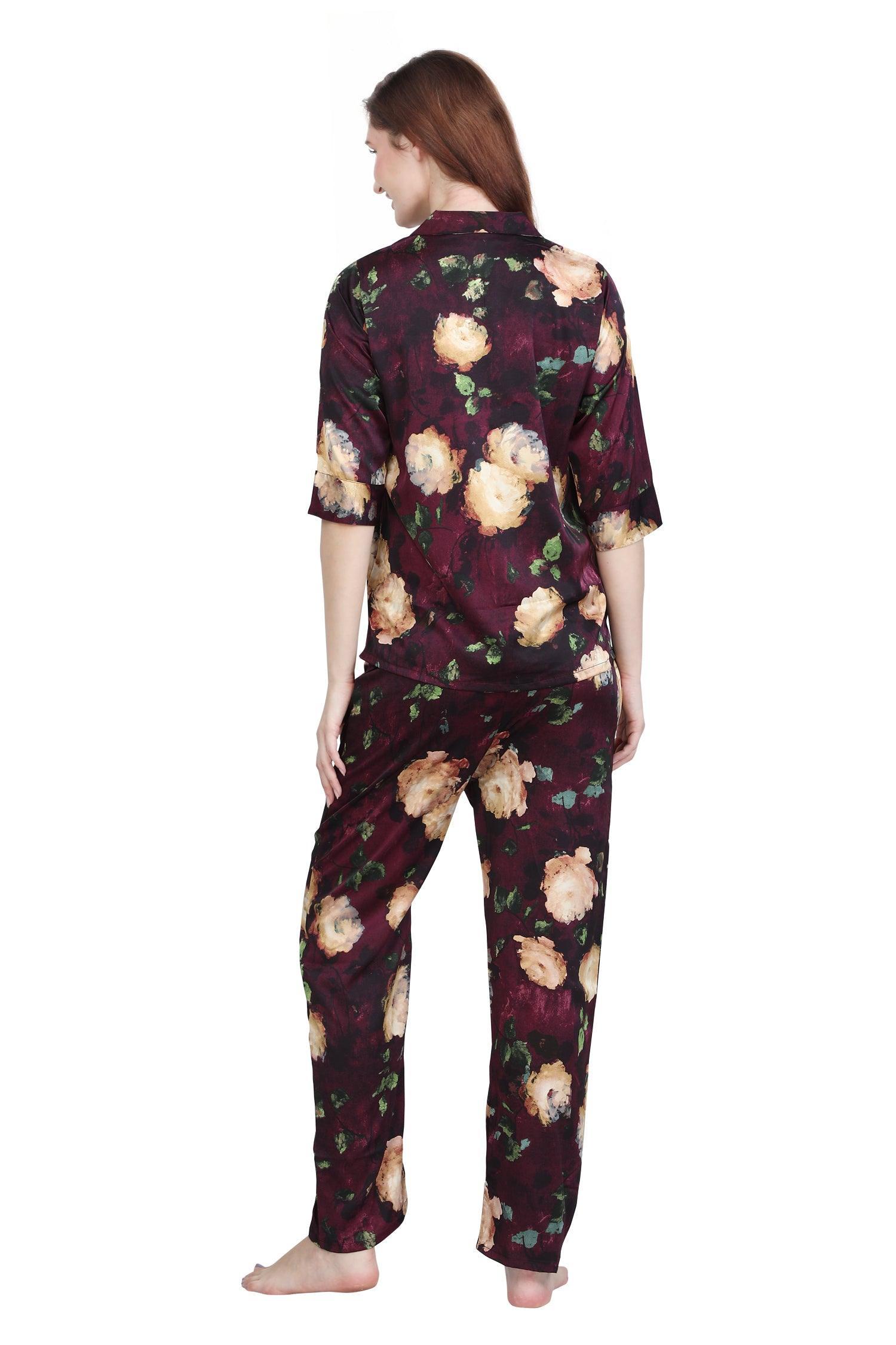 Velure Trendy Floral Satin Print Night Suit - Velure - Shirt and Pant - Abstract Print, Collar Neck, Floral Print, Front Button Open, Satin