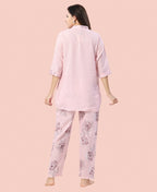 Velure Stylish Floral Print Kurti Style Night Suit - Velure - - 3/4 Sleeves, Collar Neck, Full Length Pant, Linen, Printed