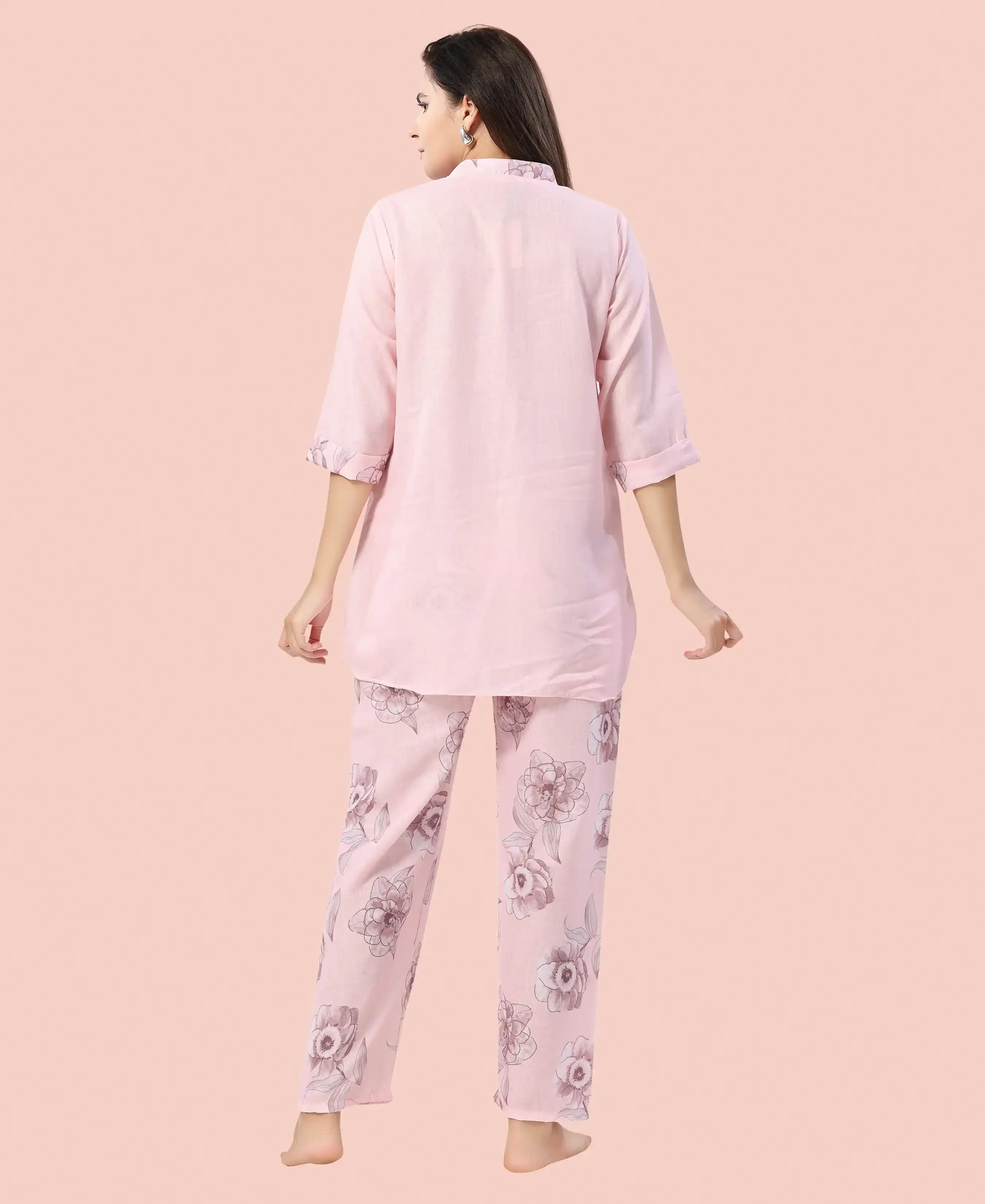 Velure Stylish Floral Print Kurti Style Night Suit - Velure - - 3/4 Sleeves, Collar Neck, Full Length Pant, Linen, Printed