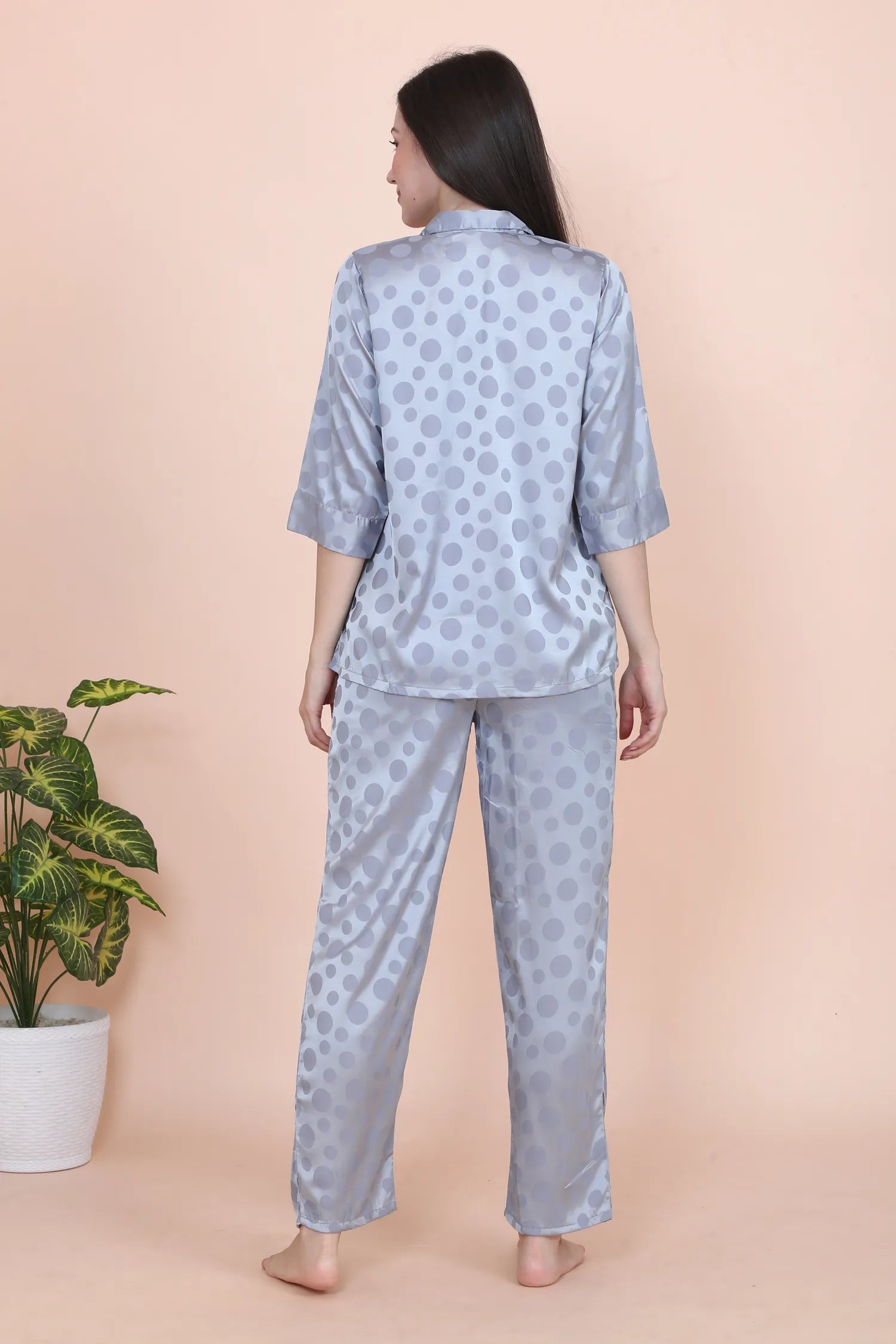 Velure Grey Casual Polka Dot Satin Night Suit