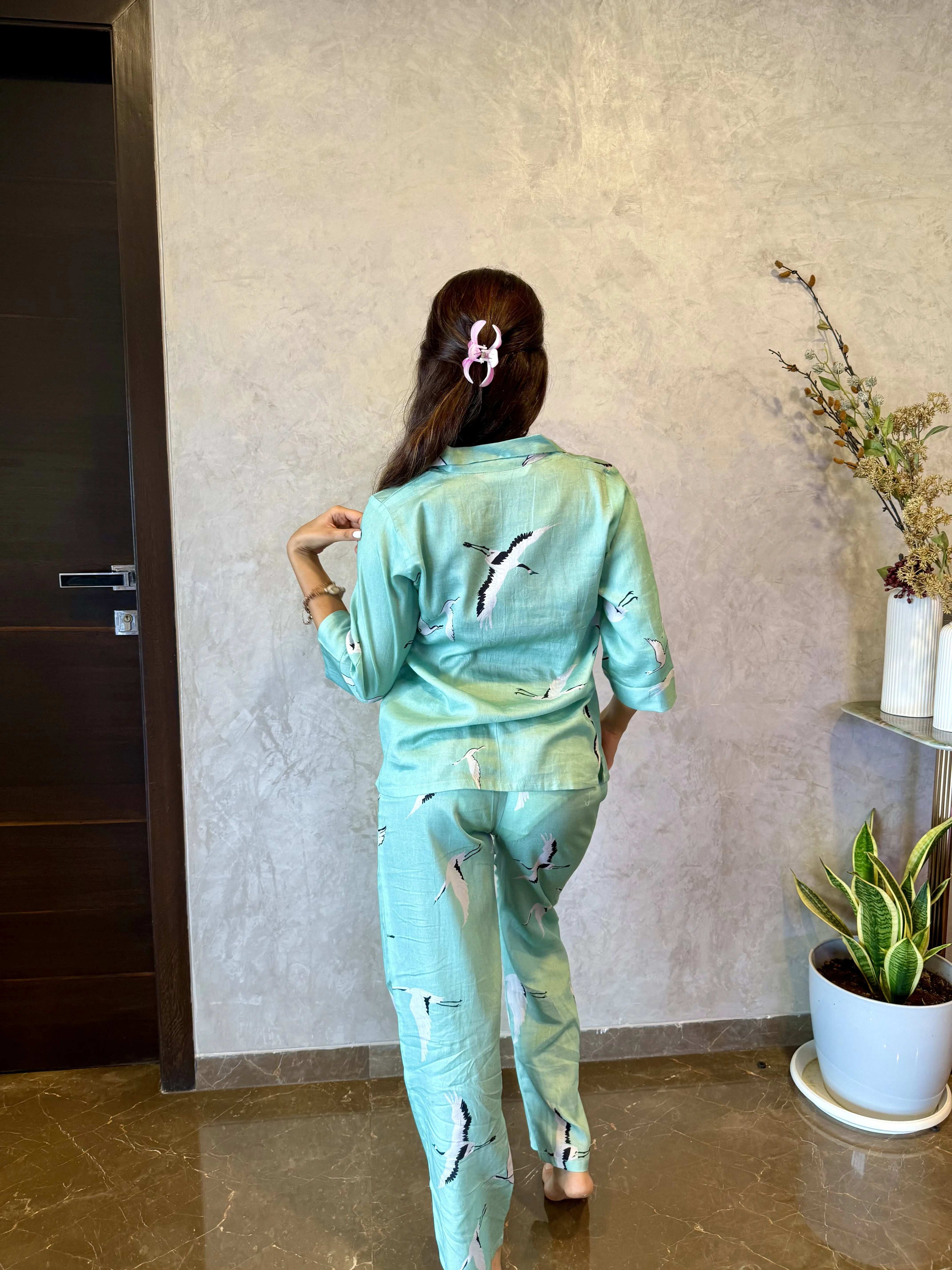 Velure Green Swan Cotton Night Suit - Velure - - 3/4 Sleeves, Collar Neck, Cotton, Front Button Open, Full Length Pant