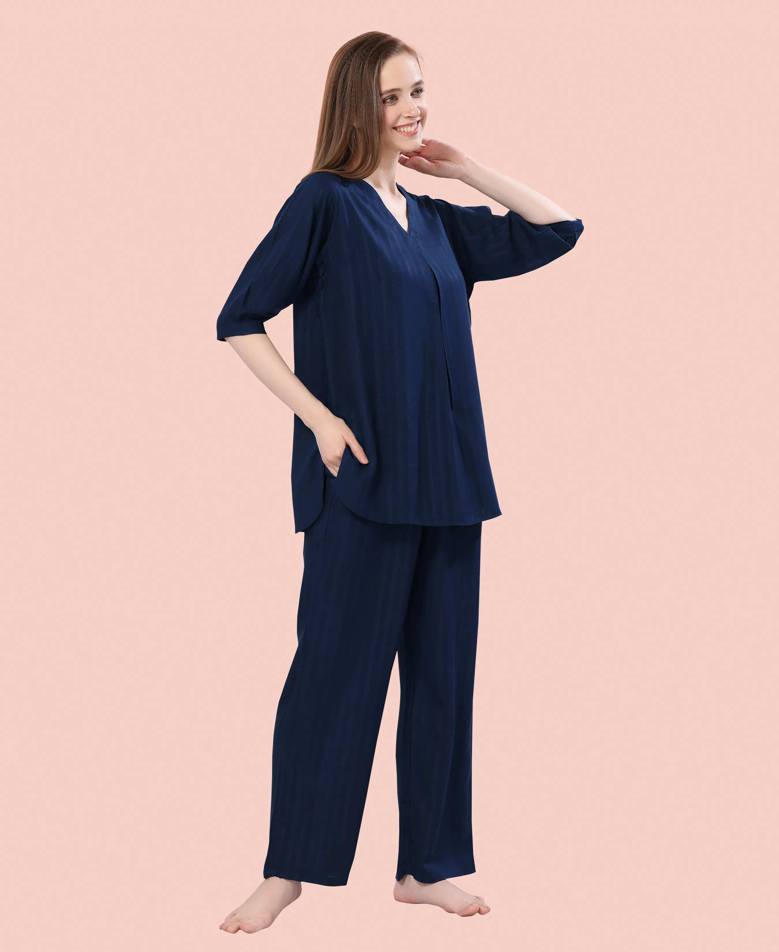 Velure Trendy Navy Blue Kurti Style Night Suit - Velure - - 3/4 Sleeves, Collar Neck, Cotton, Front Button Open, Full Length Pant