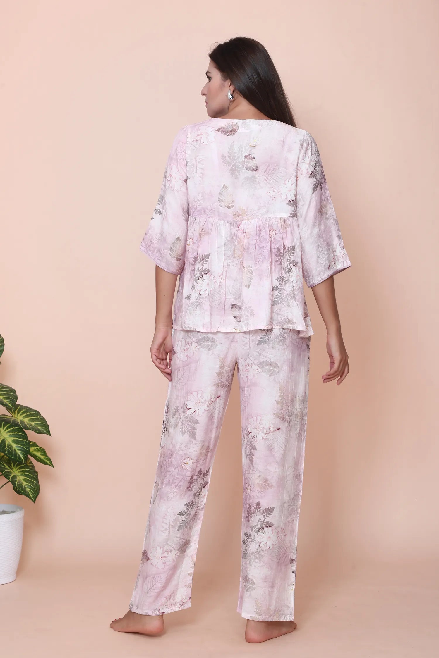 Velure Pink Leaves Print Frock-Style Night Suit - Velure - - 3/4 Sleeves, Cotton, Frock Style, Full Length Pant, Linen