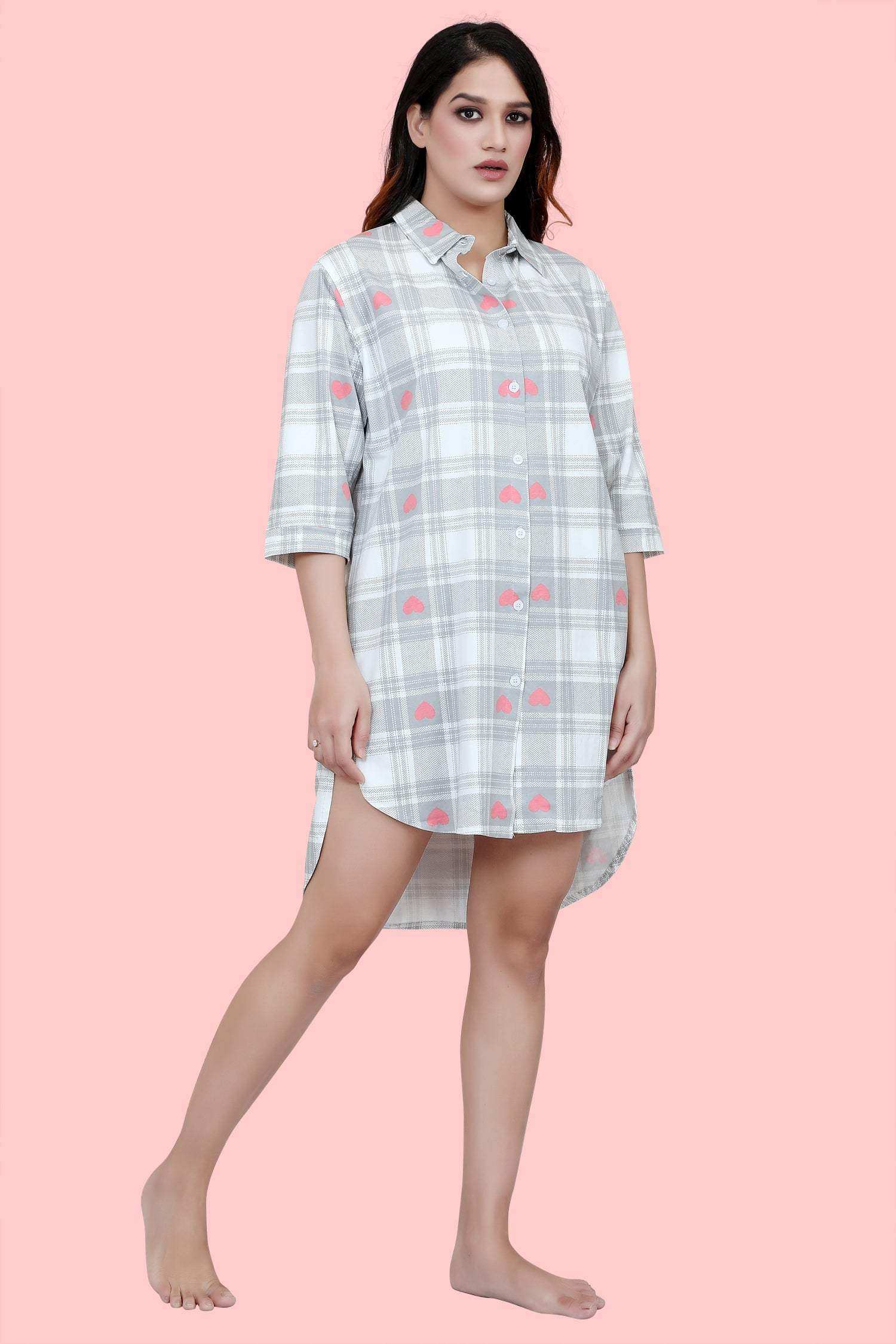 Velure Checked Heart Print Short Night Shirt - Velure - - 3/4 Sleeves, Collar Neck, Cotton, Front Button Open, Knee Length