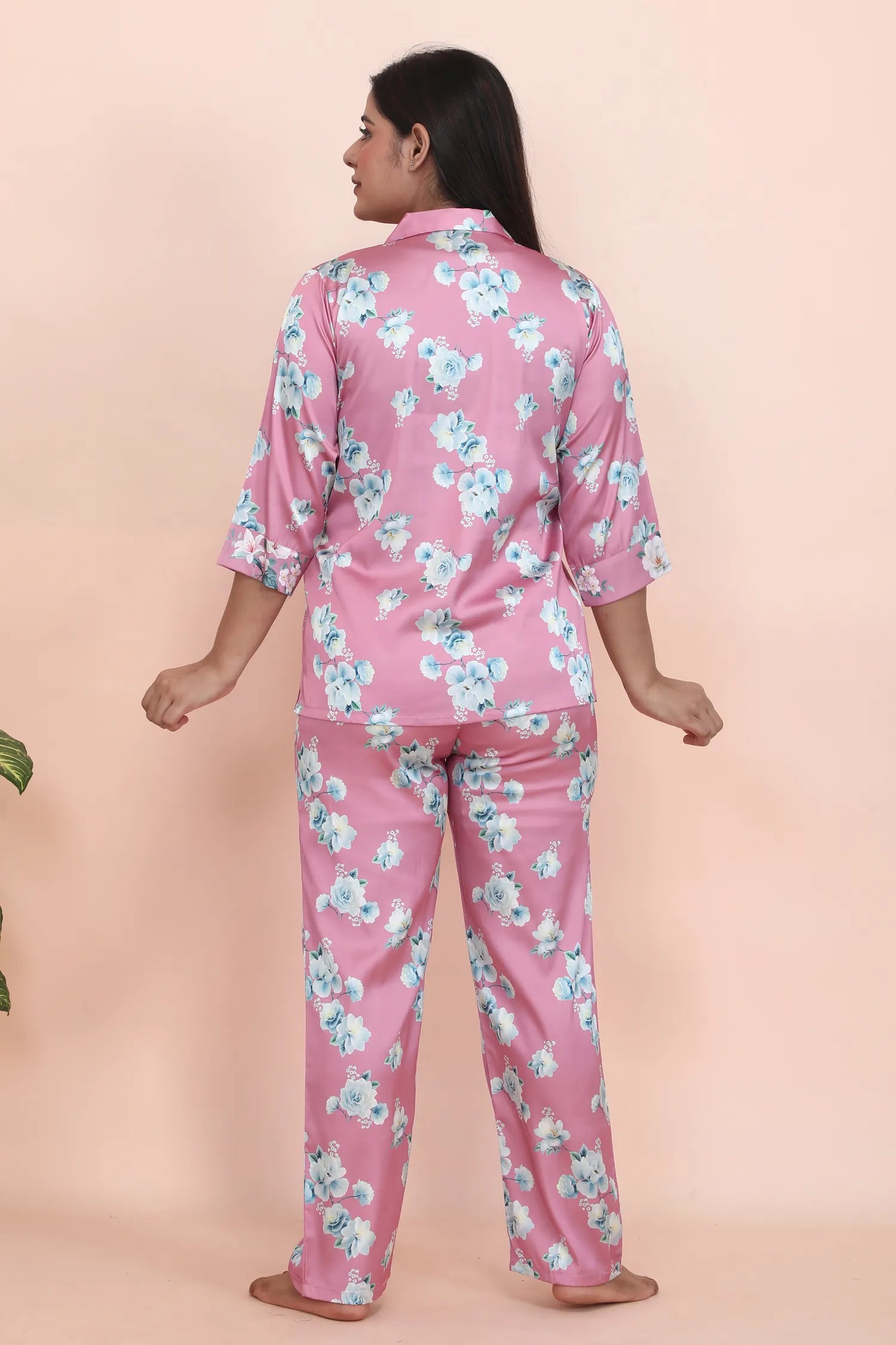 Velure Pink Floral Print Night Suit - Velure - - 3/4 Sleeves, Collar Neck, Front Button Open, Full Length Pant, Satin