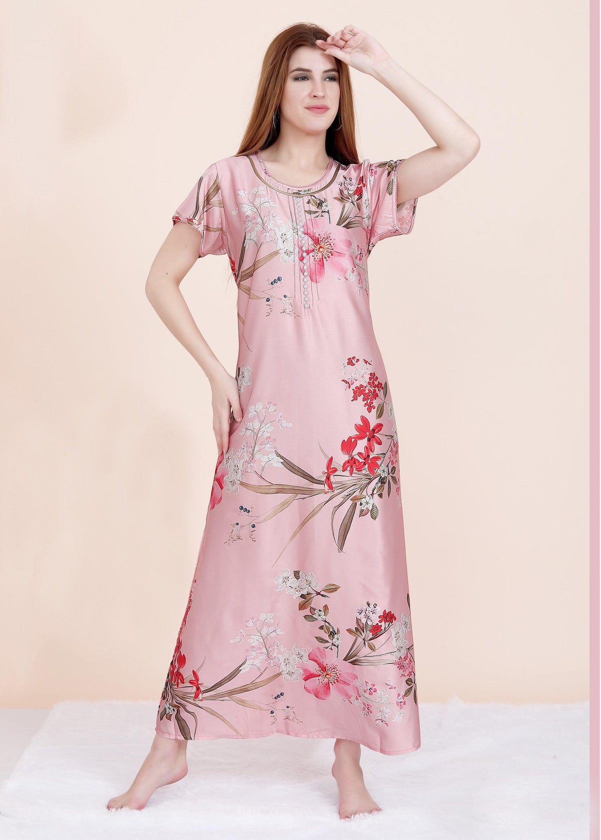 Velure Peach Floral Print Satin Nighty - Velure - Nighty - Floral Print, Full Length Nighty, Half Sleeves Nighty, Satin