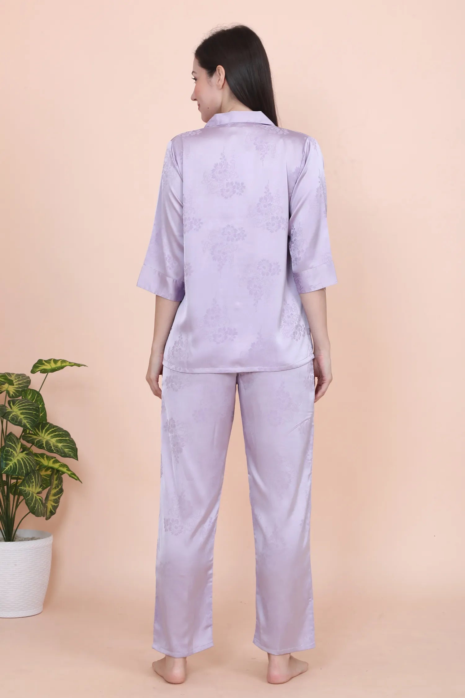 Velure Ethnic Lavender Satin Night Suit - Velure - - 3/4 Sleeves, Collar Neck, Front Button Open, Full Length Pant, Printed, Satin