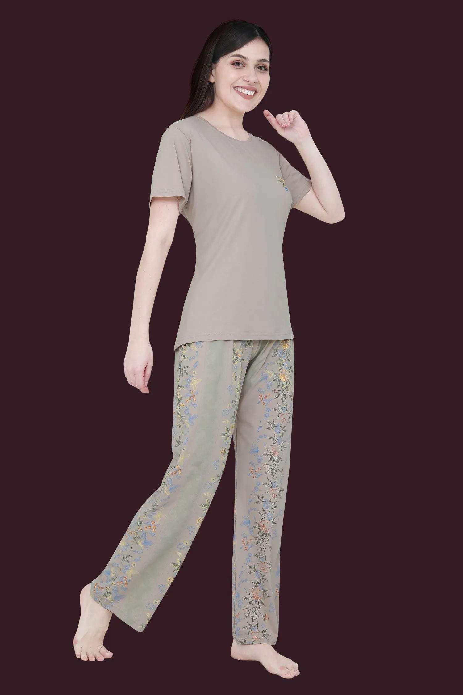 Velure Abstract Floral Print Pajama Set - Velure - - Floral Print, Full Length Pant, Half Sleeves, Round neck nightsuit
