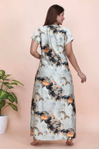 Velure Shiny Abstract Grey Satin Nighty - Velure - - Full Length Nighty, Half Sleeves Nighty, Satin