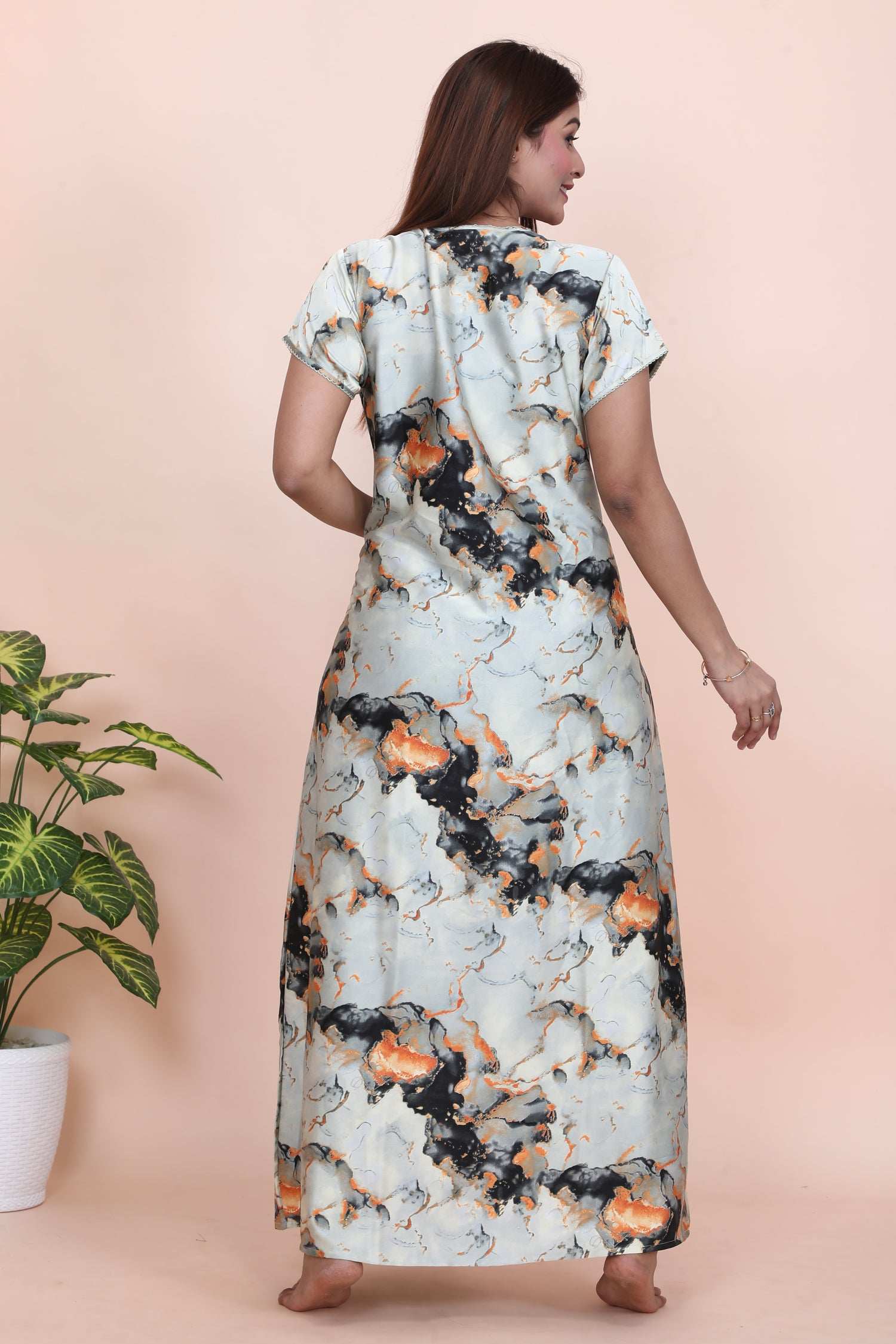 Velure Shiny Abstract Grey Satin Nighty - Velure - - Full Length Nighty, Half Sleeves Nighty, Satin