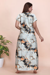 Velure Shiny Abstract Grey Satin Nighty - Velure - - Full Length Nighty, Half Sleeves Nighty, Satin