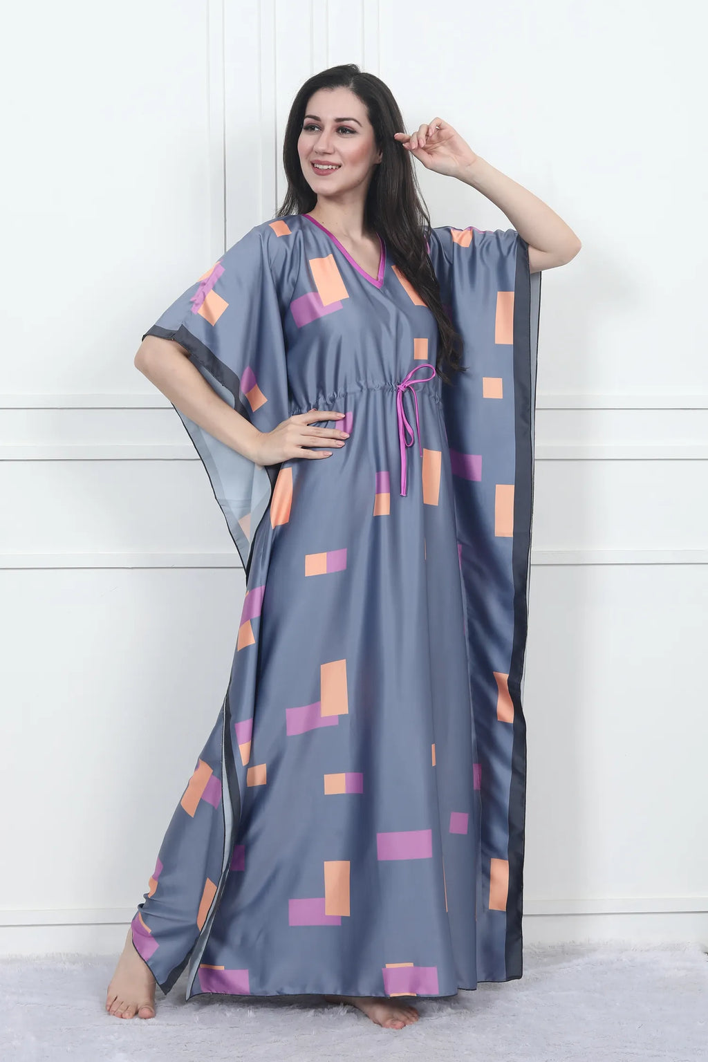 Velure Modern Geometric Print Kaftan - Velure - - Center Drawstring, Full Length Nighty, Satin