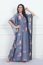 Velure Modern Geometric Print Kaftan - Velure - - Center Drawstring, Full Length Nighty, Satin