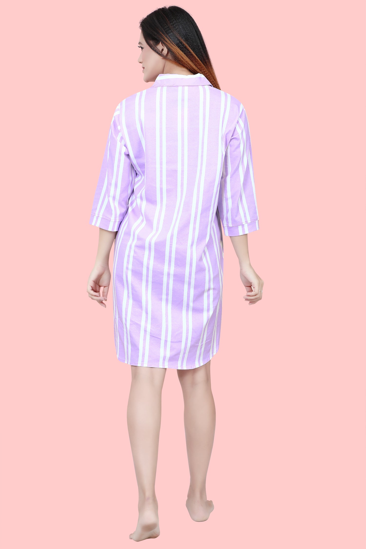 Velure Classic Purple Stripes Short Night Shirt - Velure, , Experience a restful night's rest with the Velure Classic Purple Stripes Short Night Shirt. This knee-length garment includes a collar, front button placket, and half sleeves, providing both style and comfort. The elegant stripes design adds a touch of refinement to this smooth nightgown. Purchase now for optimal relaxation.