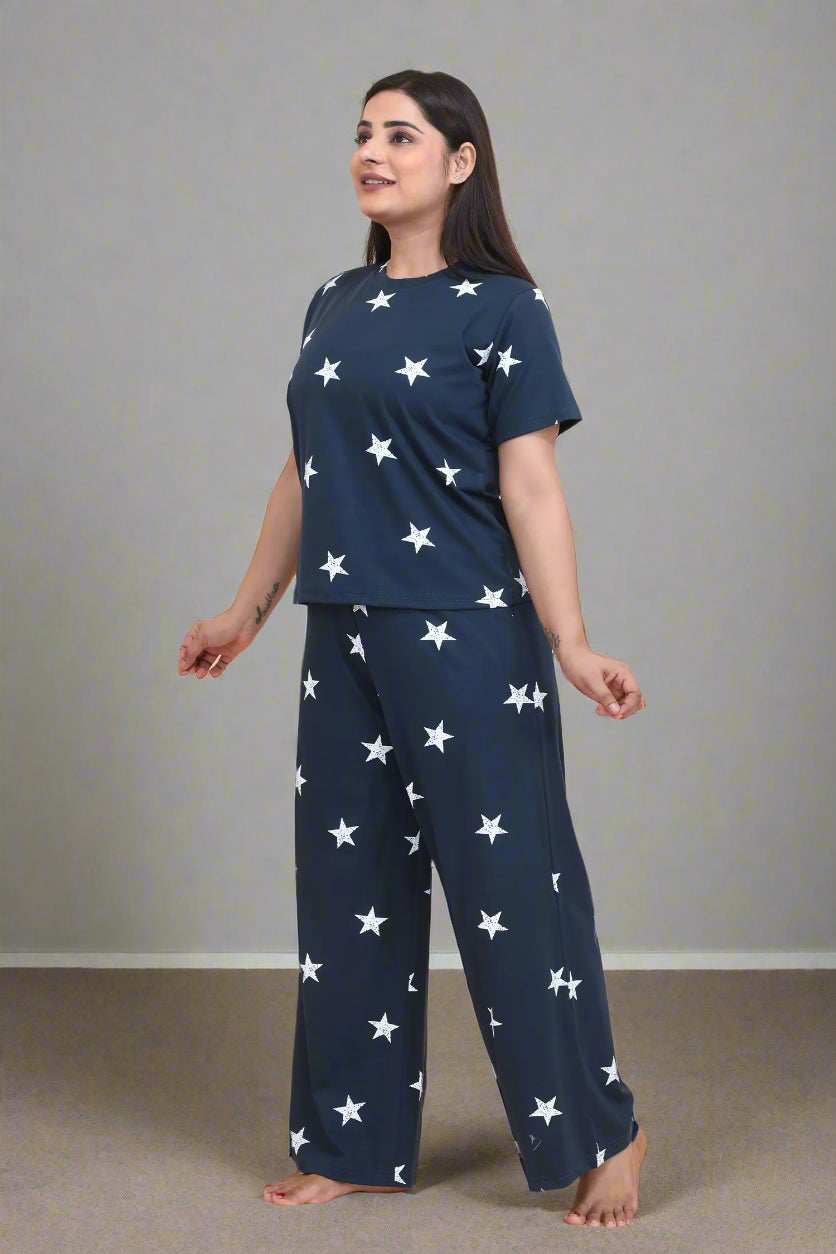 Velure Glossy Star Print Palazzo Night Suit - Velure - - Cotton Lycra Fabric, Full Length Pant, Half Sleeves, Round neck