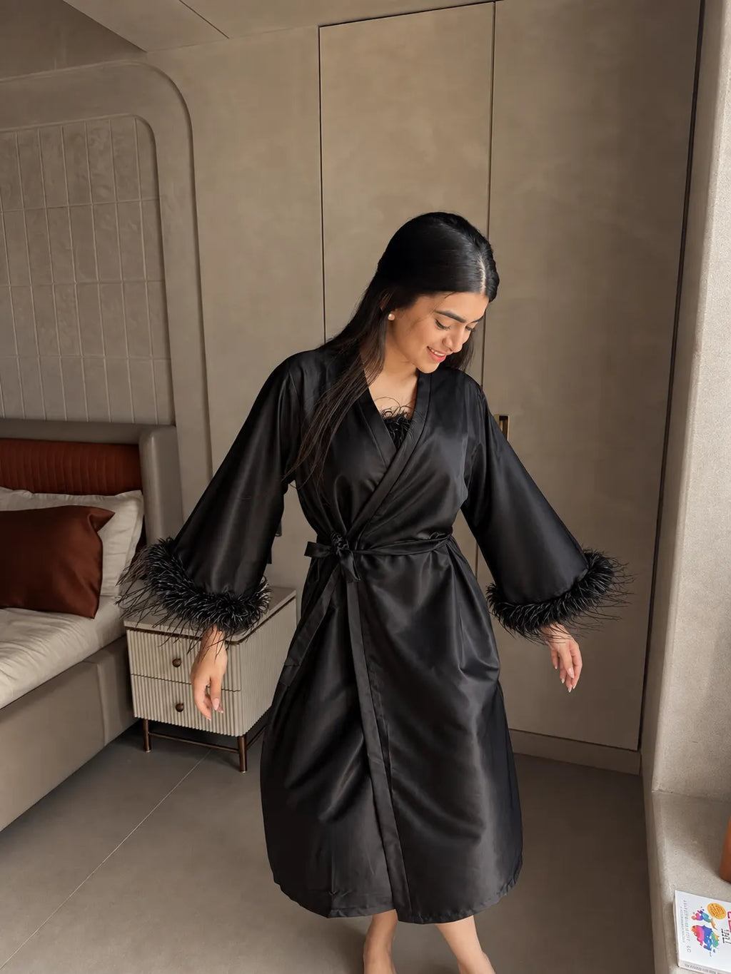 Velure Black Satin 3 Piece Robe Set