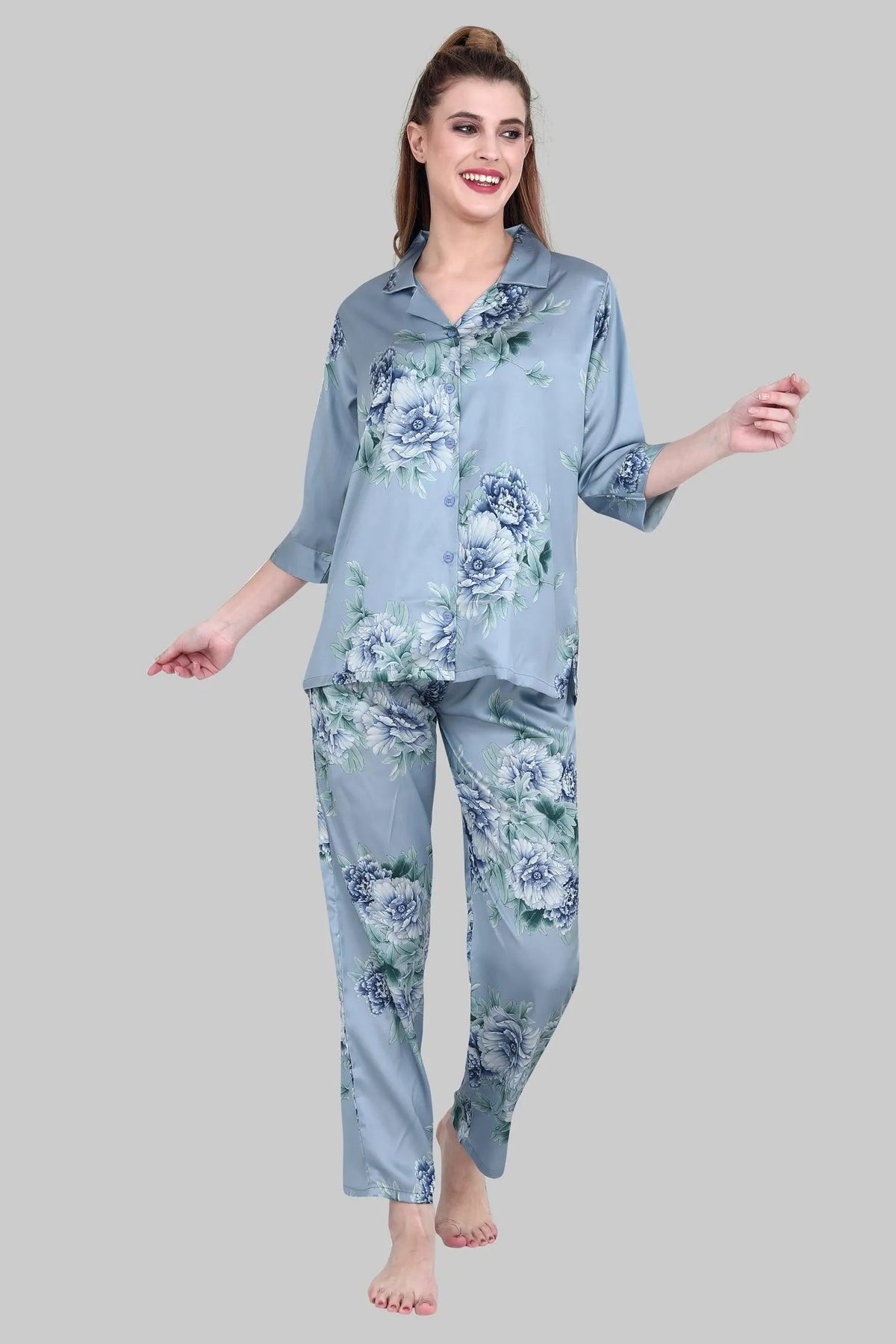 Velure Appealing Floral Print Satin Night Suit - Velure, Shirt and Pant, Step out in style with this grey floral night suit from Velure be a great addition to your wardrobe. Tailored to perfection from premium satin fabric, it offers a soft and soothing feel against the skin. The satin collar adds an elegant and sophisticated touch to the overall look.