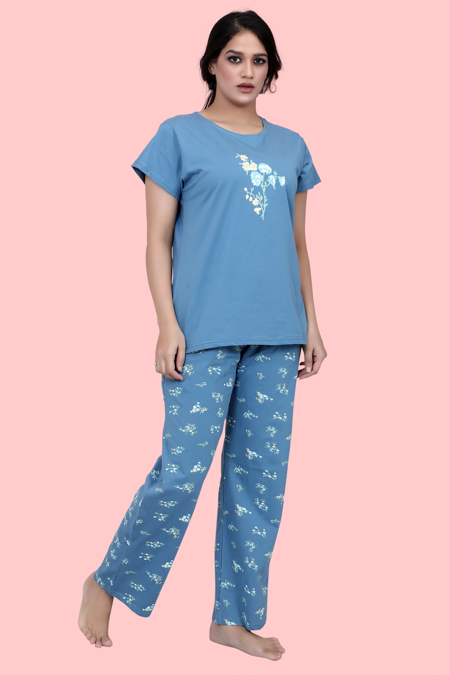 Velure Classic Floral Print Pajama Set - Velure - T-Shirt and Pant - Cotton Lycra Fabric, Floral Print, Full Length Pant, Half Sleeves, Round neck nightsuit