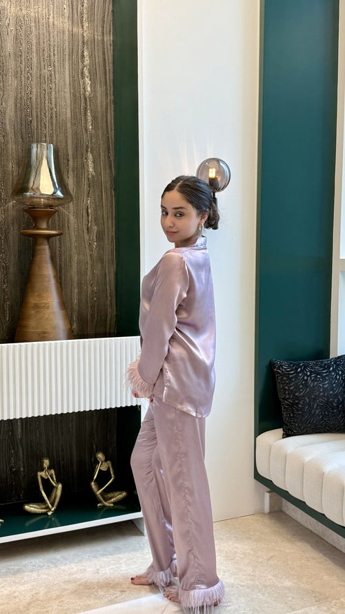 Velure Glossy Fur Night Suit - Velure - - Collar Neck, Detail-plainfur, Front Button Open, Full Length Pant, Full Sleeves, Fur, Satin