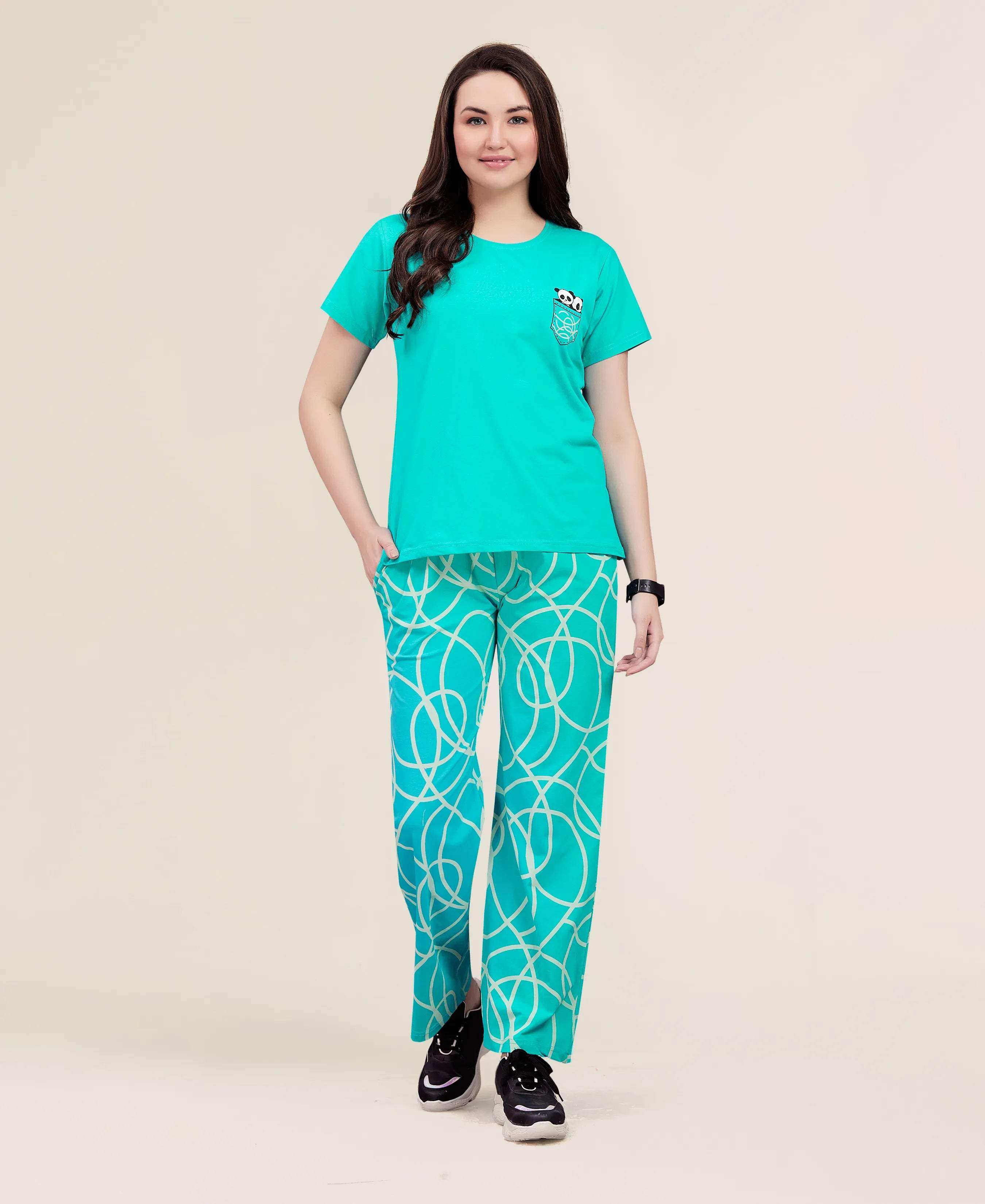 Velure Lovely Panda Print Pajama Set - Velure - - Cotton Lycra Fabric, Full Length Pant, Half Sleeves, Round neck nightsuit