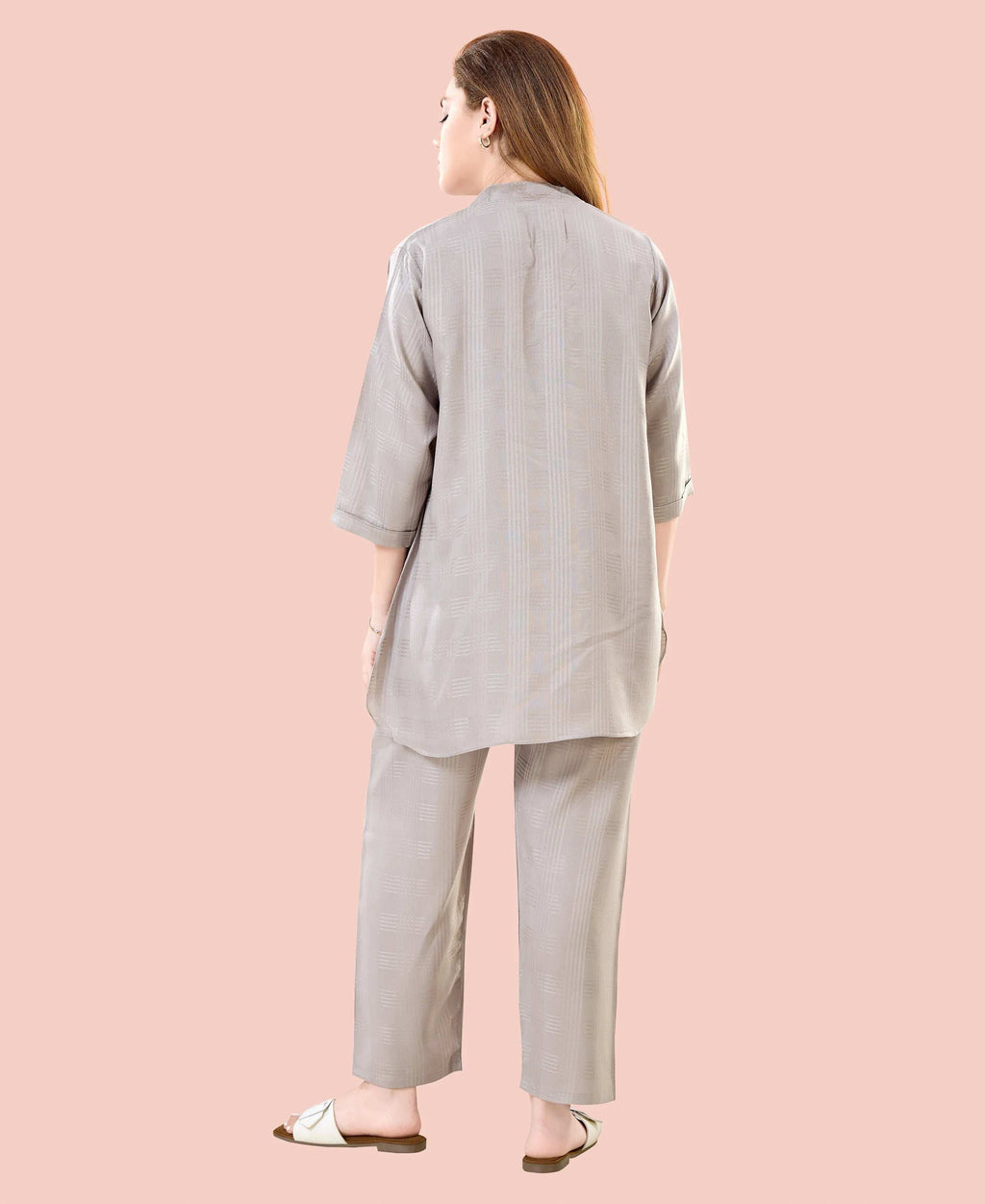 Velure Chic Grey Kurti Style Night Suit - Velure - - 3/4 Sleeves, Collar Neck, Cotton, Front Button Open, Full Length Pant