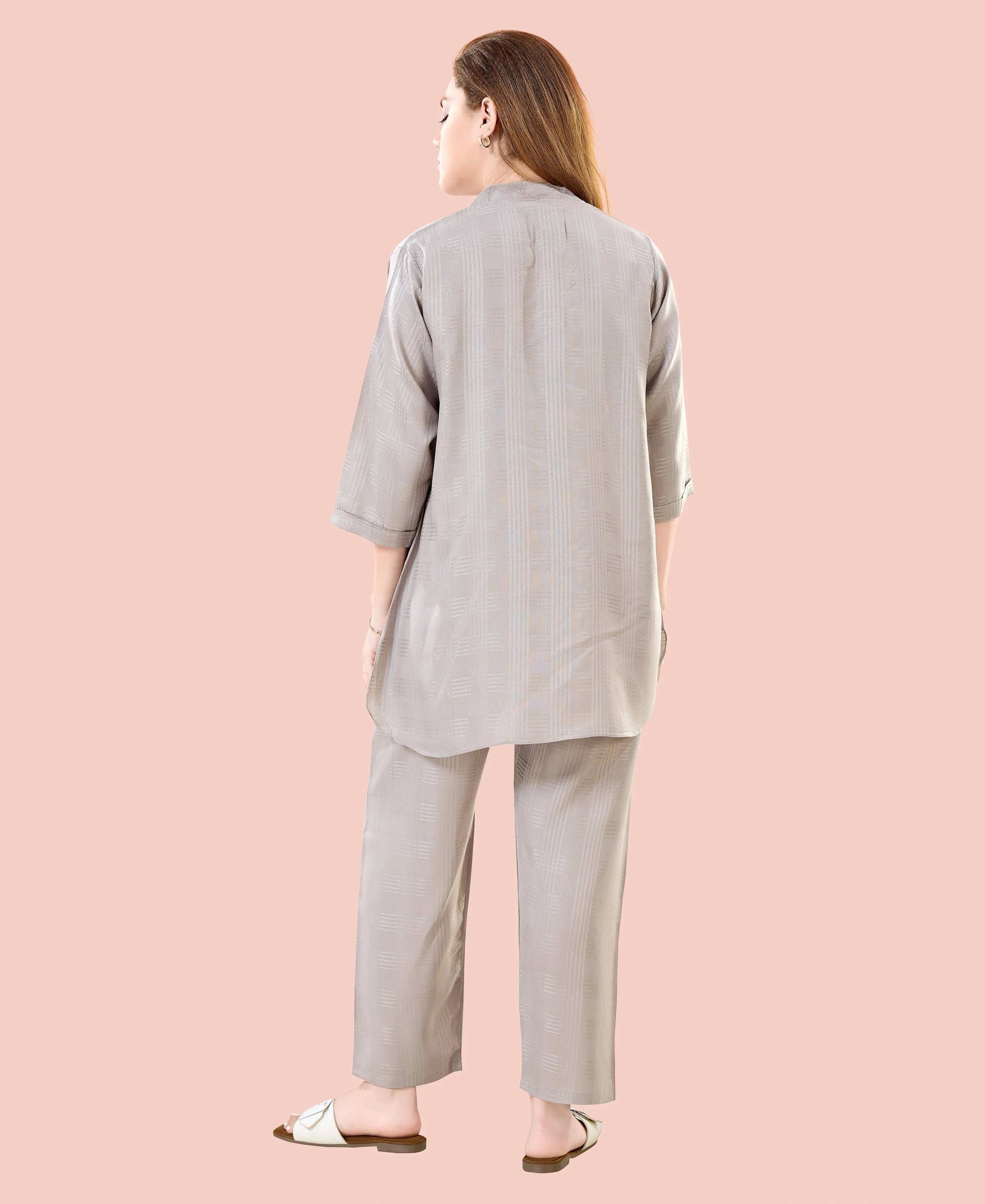 Velure Chic Grey Kurti Style Night Suit - Velure - - 3/4 Sleeves, Collar Neck, Cotton, Front Button Open, Full Length Pant
