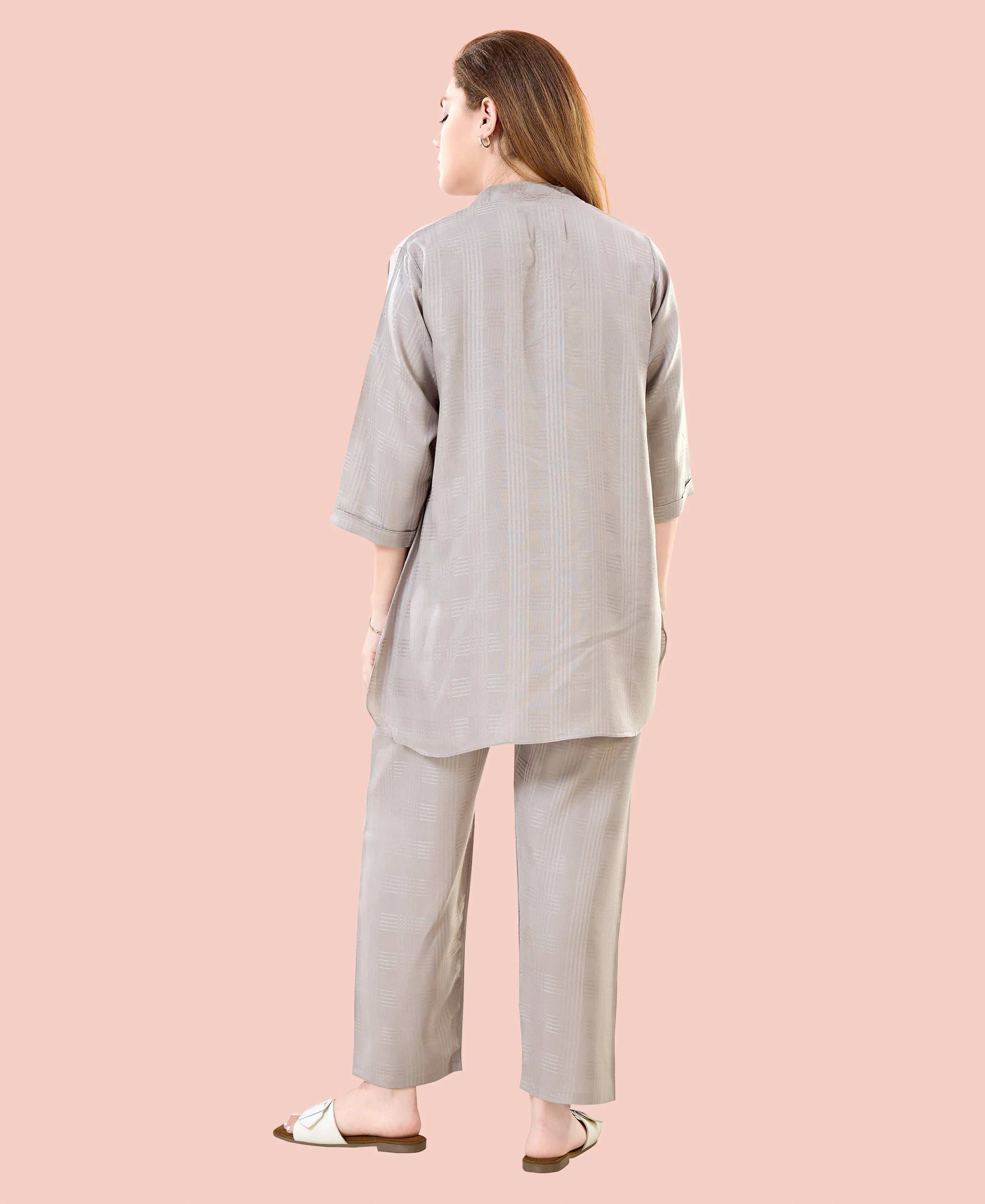 Velure Chic Grey Kurti Style Night Suit - Velure - - 3/4 Sleeves, Collar Neck, Cotton, Front Button Open, Full Length Pant