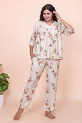 Velure Trendy Brown Floral Print Frock-Style Night Suit - Velure - - 3/4 Sleeves, Cotton, Frock Style, Full Length Pant, Linen, V Neck