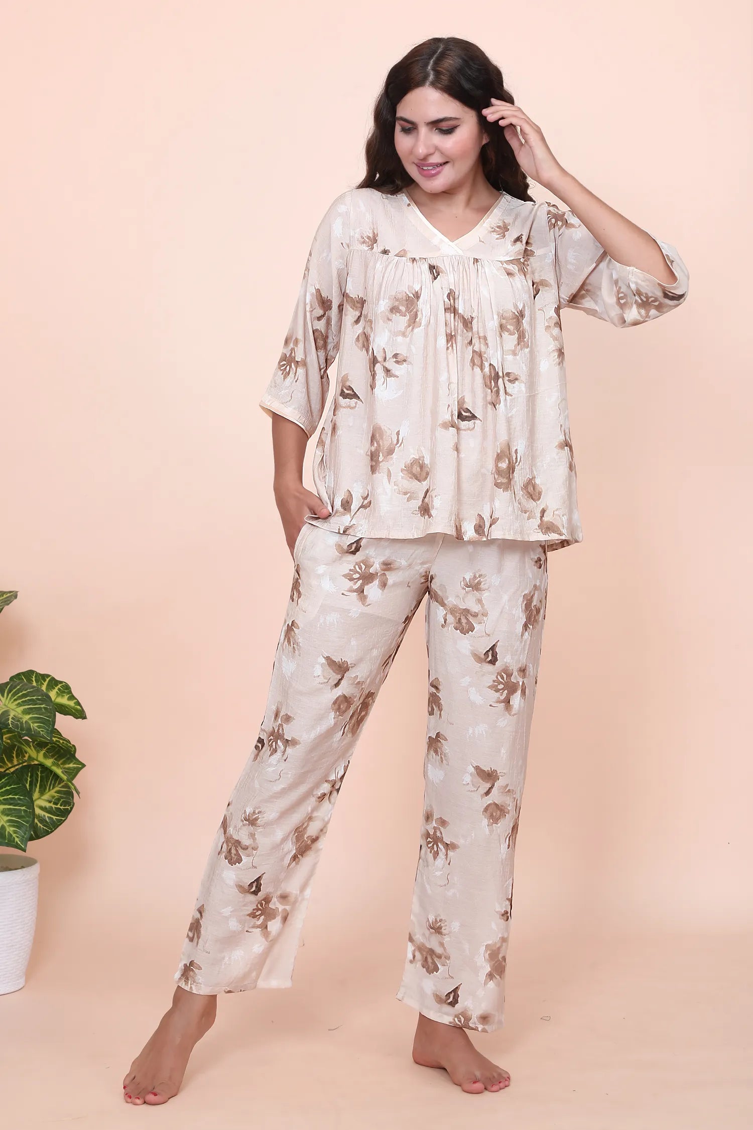 Velure Trendy Brown Floral Print Frock-Style Night Suit - Velure - - 3/4 Sleeves, Cotton, Frock Style, Full Length Pant, Linen, V Neck