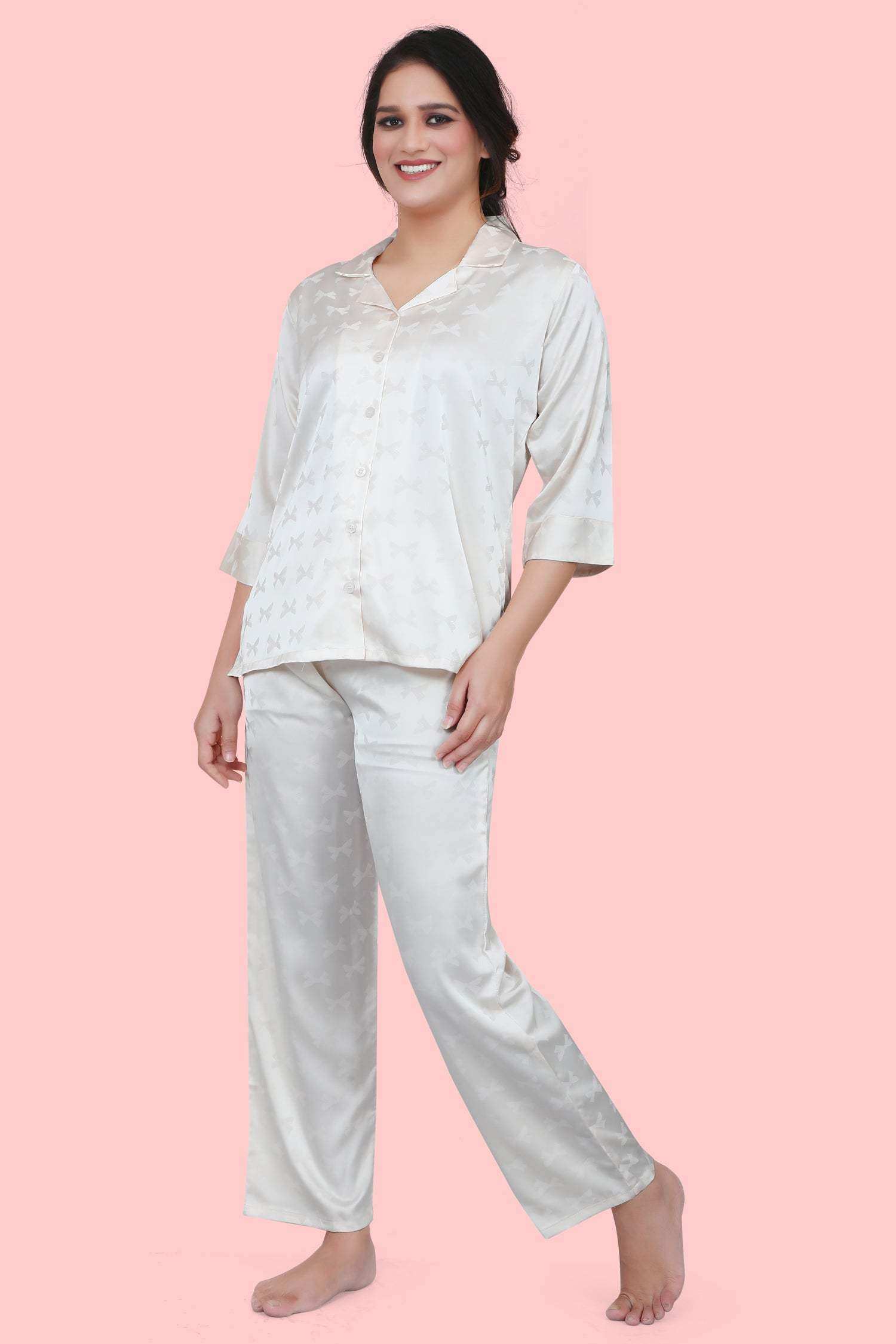 Velure Classic Ribbon Print Satin Night Suit - Velure - - 3/4 Sleeves, Collar Neck, Front Button Open, Full Length Pant, Satin