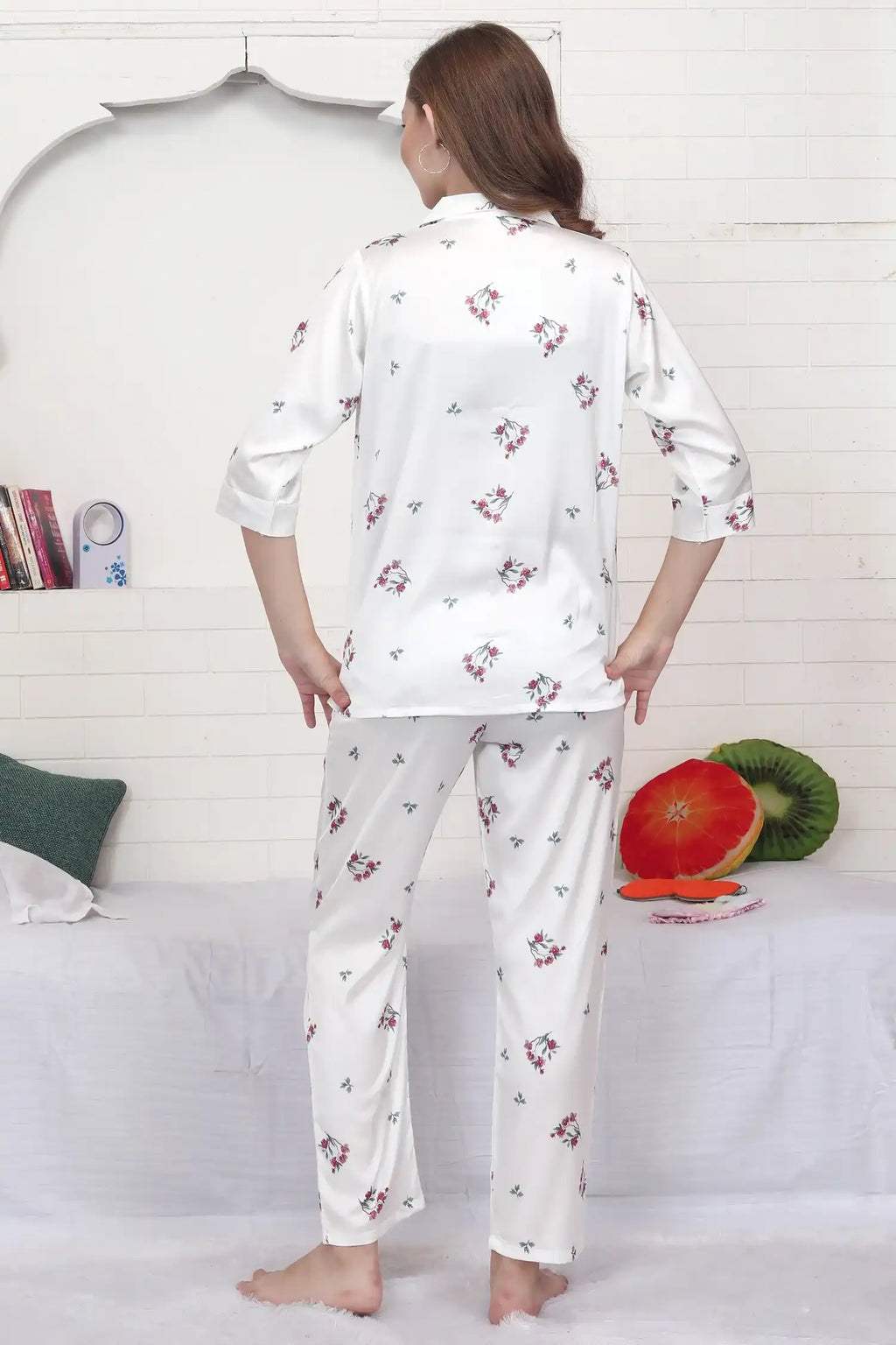 Velure Adorable White Floral Satin Night Suit