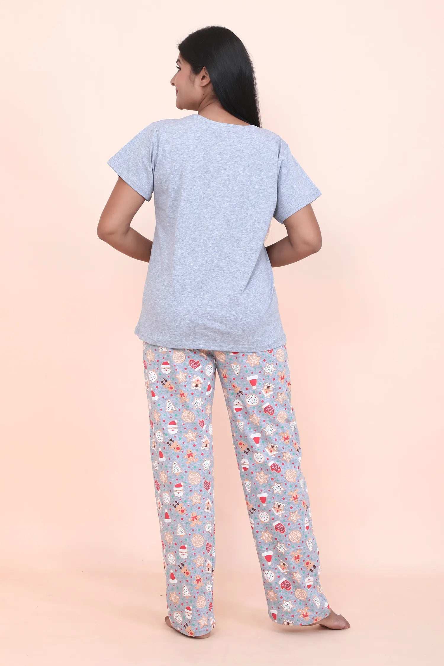 Velure Gingerbread Cookie Print Pajama Set - Velure - - Cotton Lycra Fabric, Full Length Pant, Half Sleeves, Round neck nightsuit