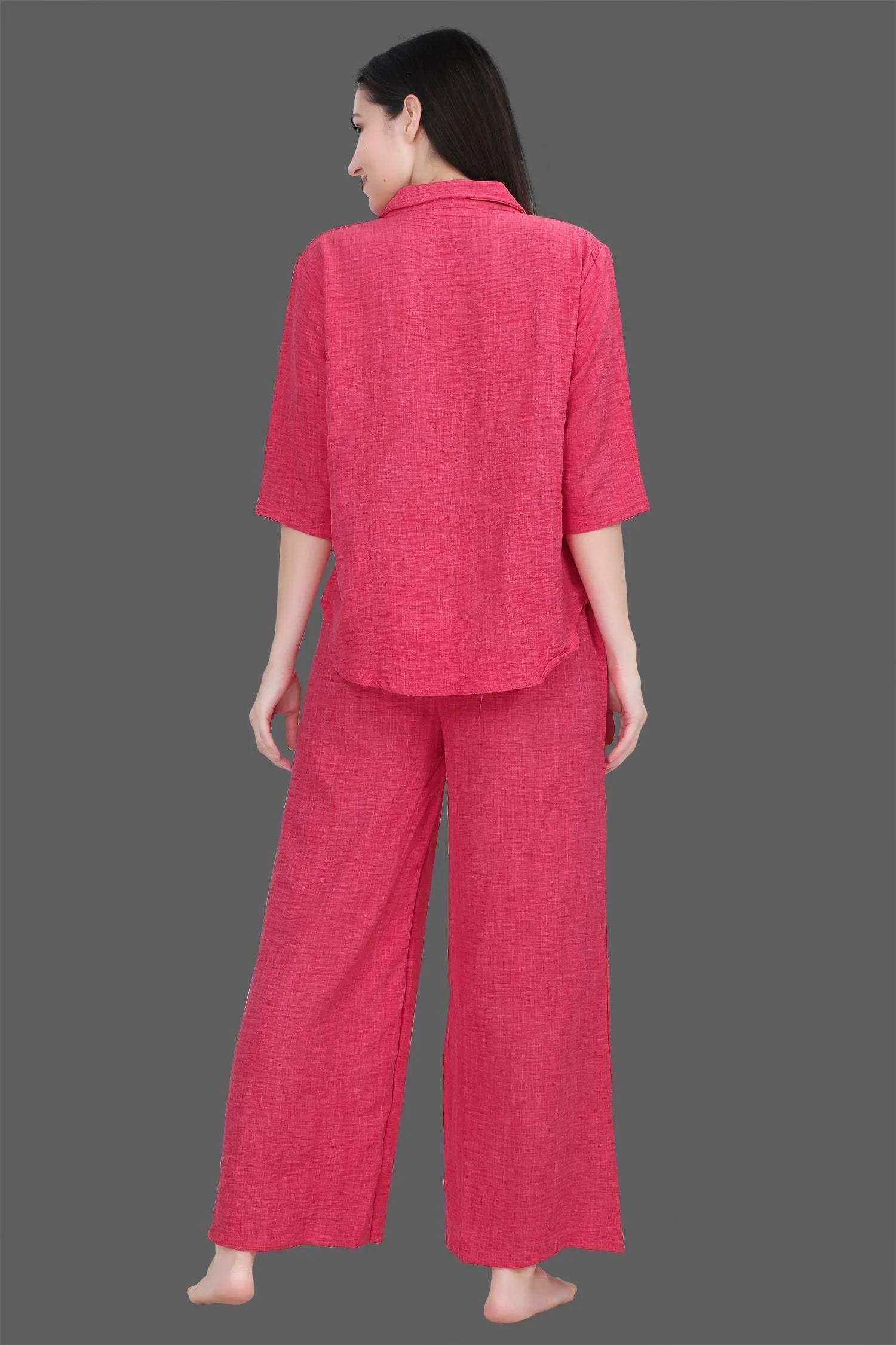 Velure Classic Palazzo Night Suit Set - Velure - - 3/4 Sleeves, Collar Neck, Front Button Open, Full Length Pant